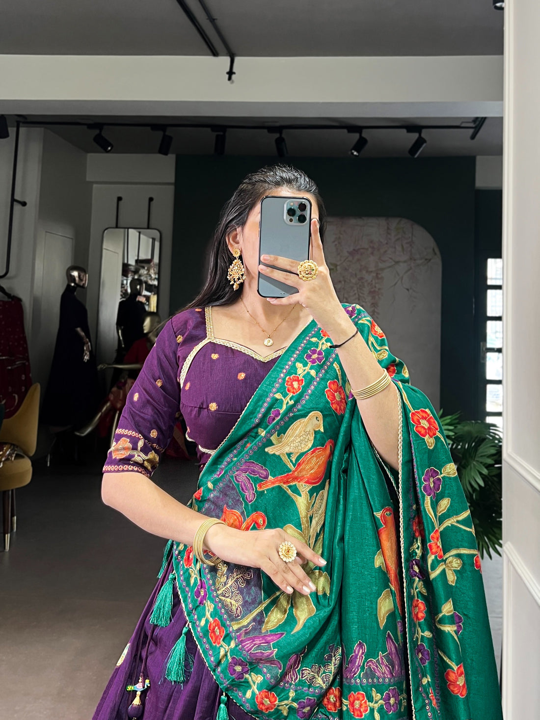 Women’s Tasar Silk Lehenga Choli Set with Foil Print & Gotta Patti Dupatta SurMira Fashion