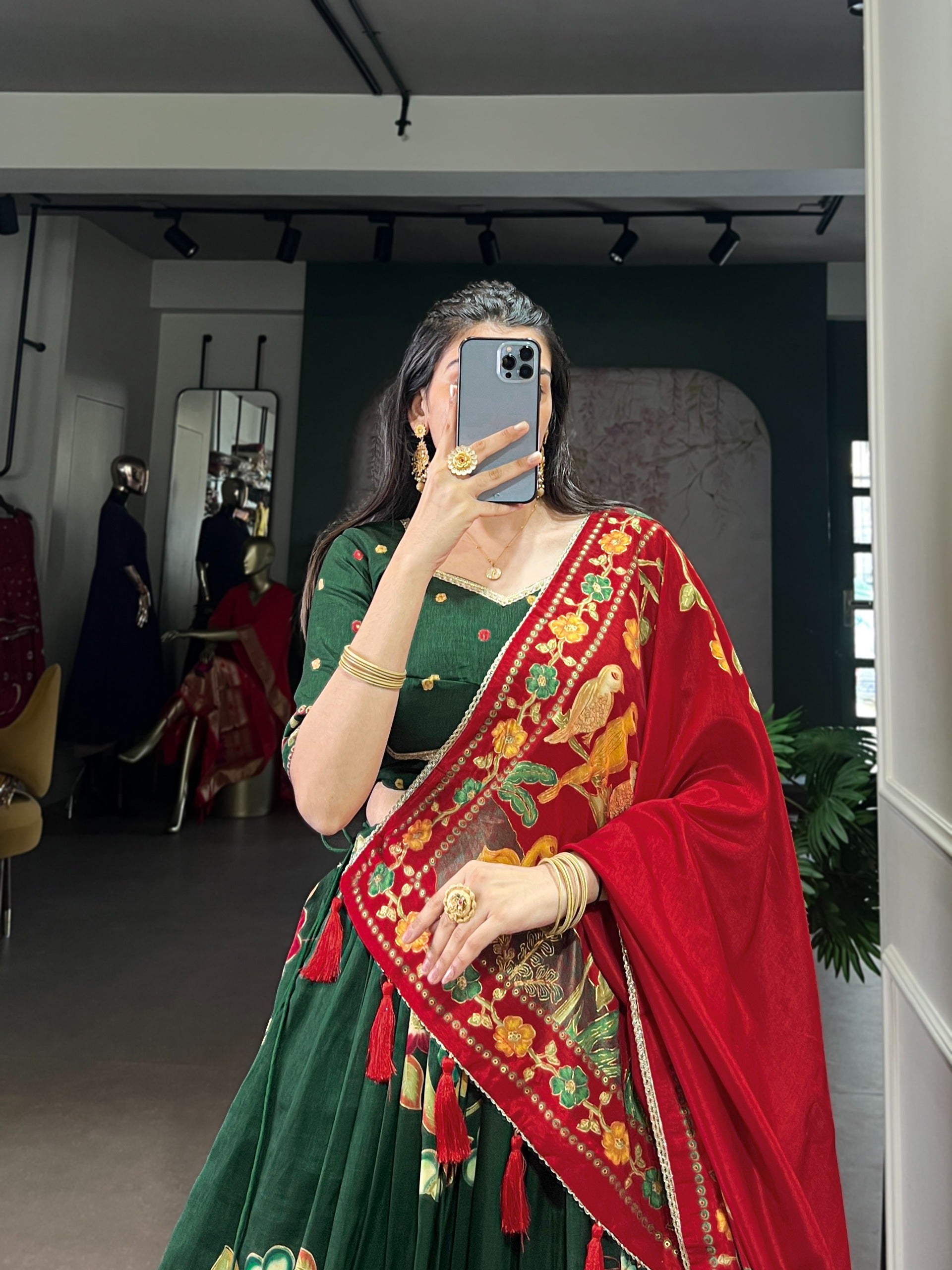 Women’s Tasar Silk Lehenga Choli Set with Foil Print & Gotta Patti Dupatta SurMira Fashion
