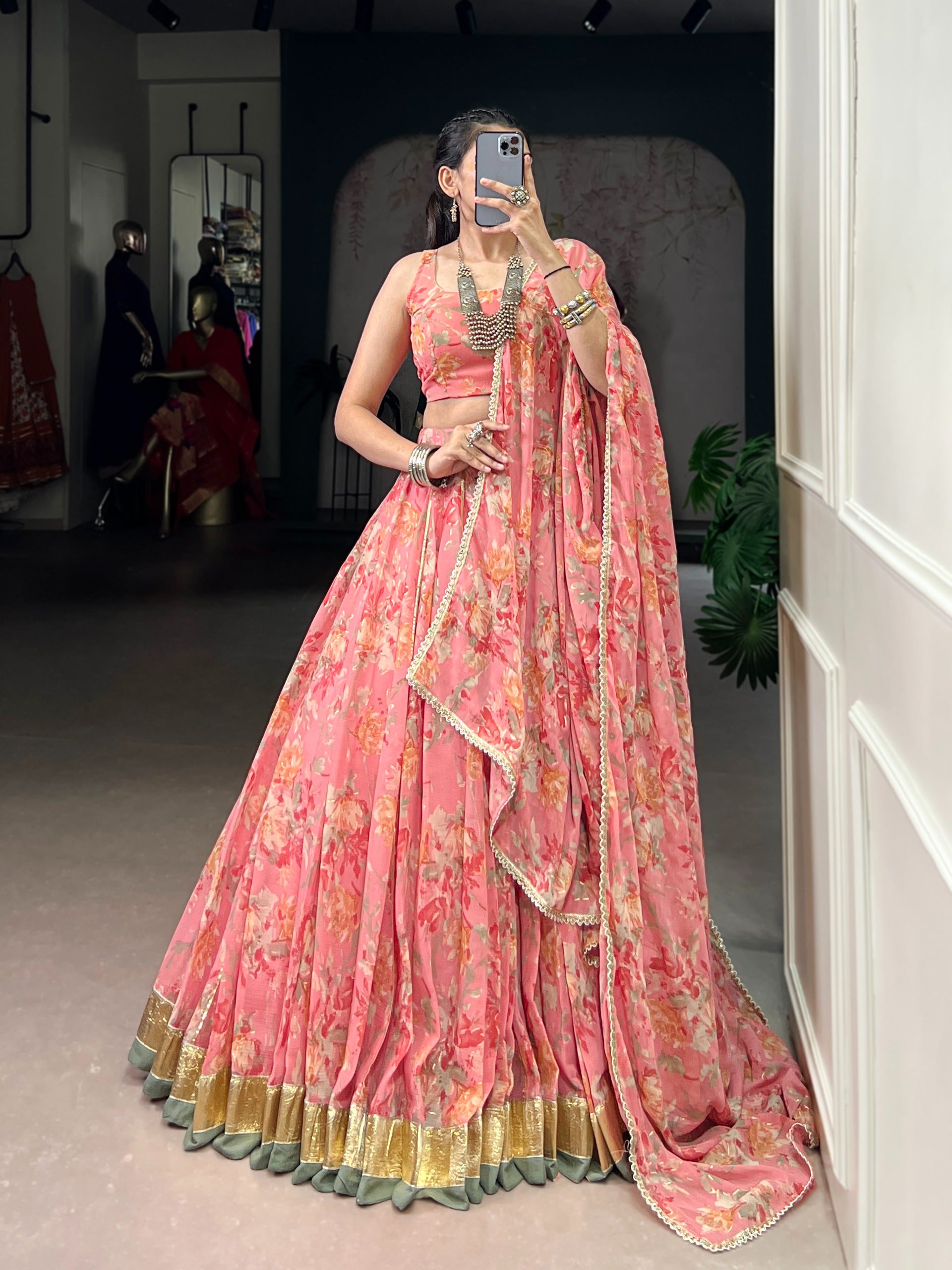 Women’s Floral Print Chiffon Lehenga Choli Set with Foil Print & Gotta Patti Lace SurMira Fashion
