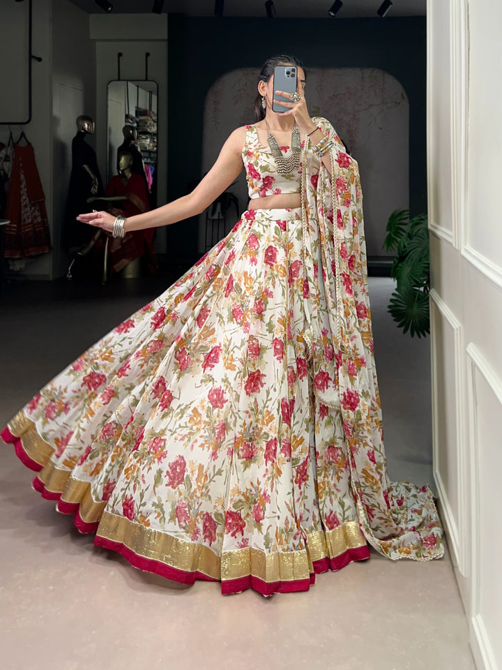 Women’s Floral Print Chiffon Lehenga Choli Set with Foil Print & Gotta Patti Lace SurMira Fashion