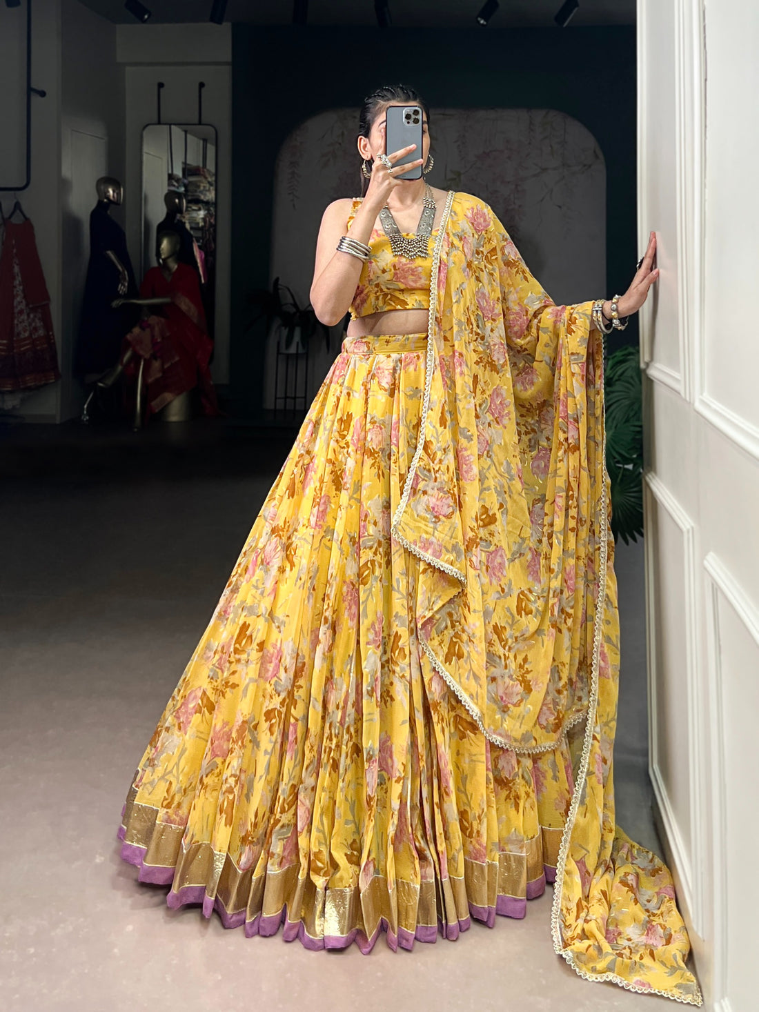 Women’s Floral Print Chiffon Lehenga Choli Set with Foil Print & Gotta Patti Lace SurMira Fashion