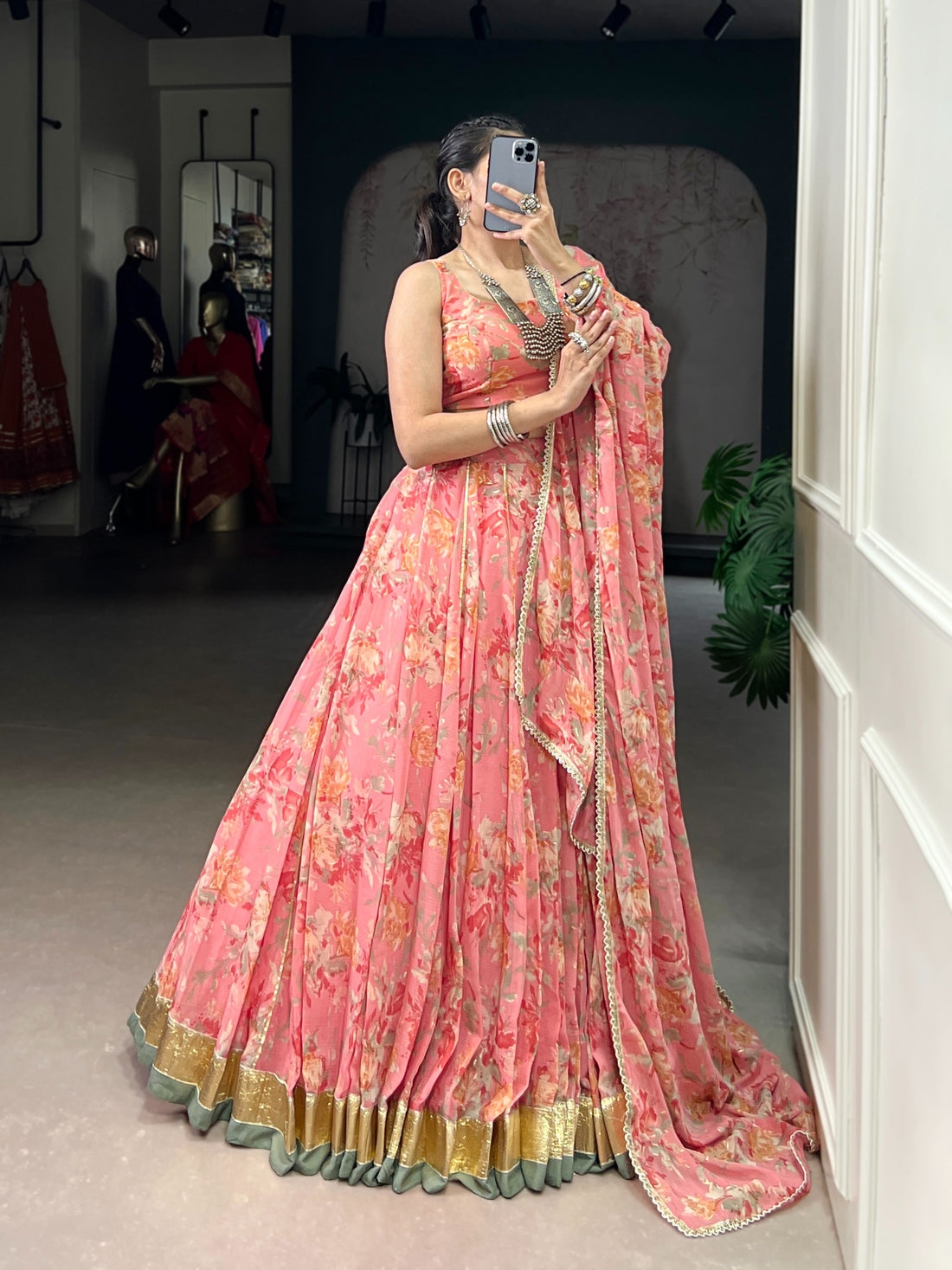 Women’s Floral Print Chiffon Lehenga Choli Set with Foil Print & Gotta Patti Lace SurMira Fashion