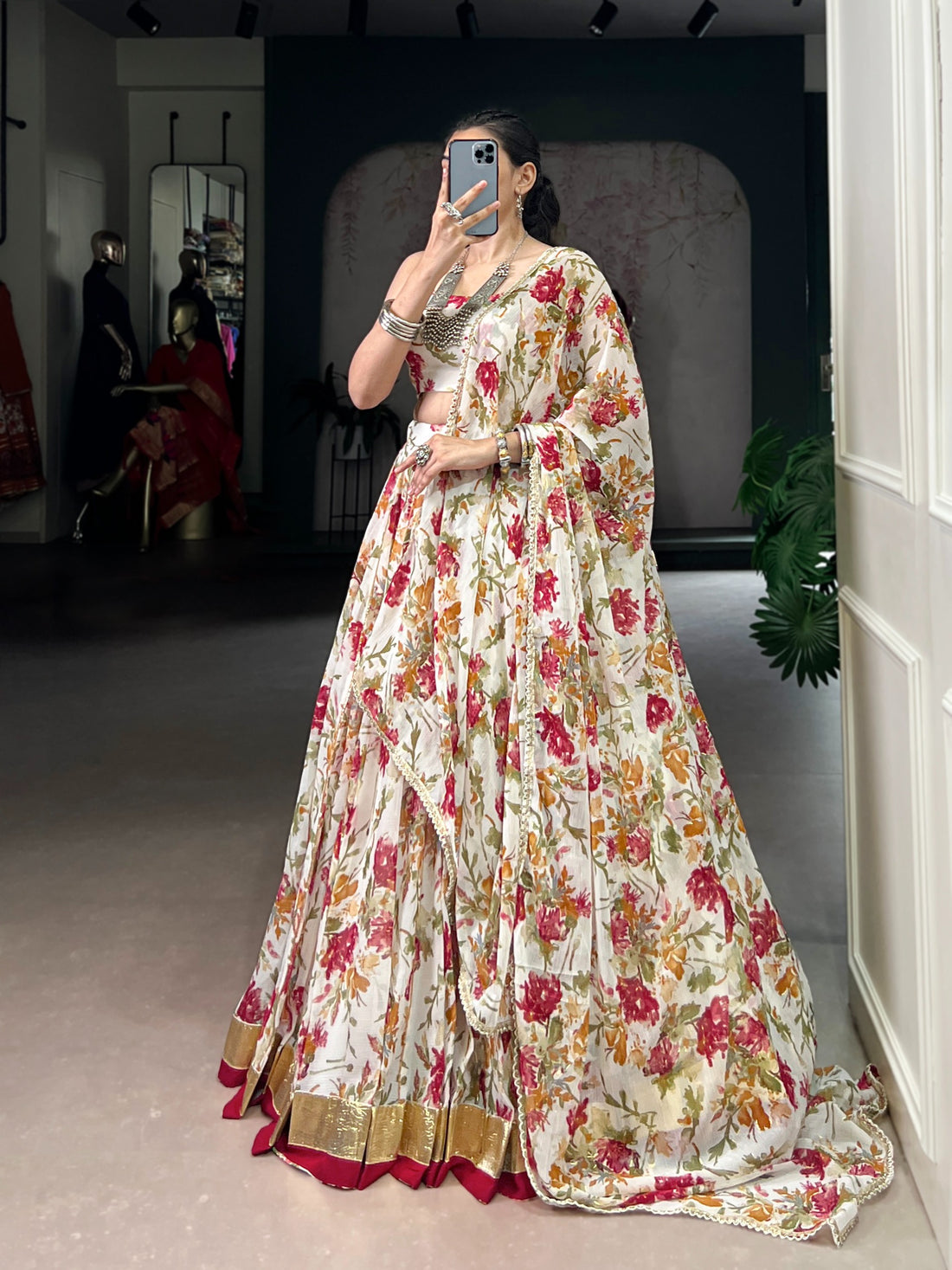 Women’s Floral Print Chiffon Lehenga Choli Set with Foil Print & Gotta Patti Lace SurMira Fashion