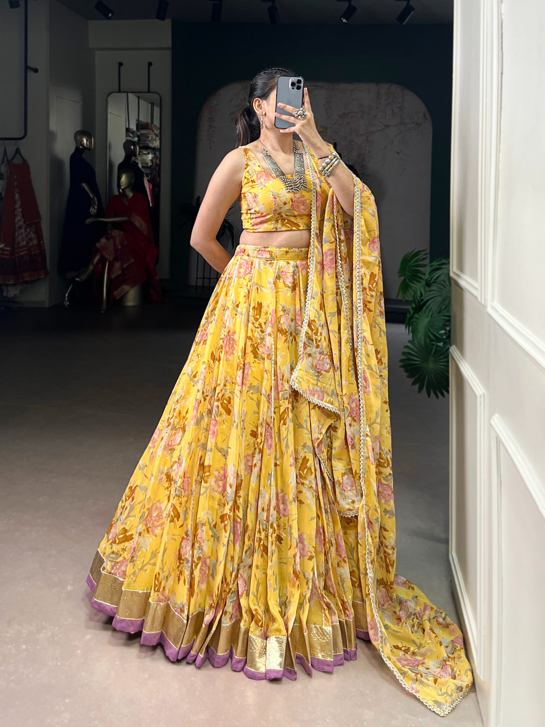 Women’s Floral Print Chiffon Lehenga Choli Set with Foil Print & Gotta Patti Lace SurMira Fashion