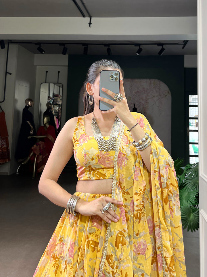 Women’s Floral Print Chiffon Lehenga Choli Set with Foil Print & Gotta Patti Lace SurMira Fashion