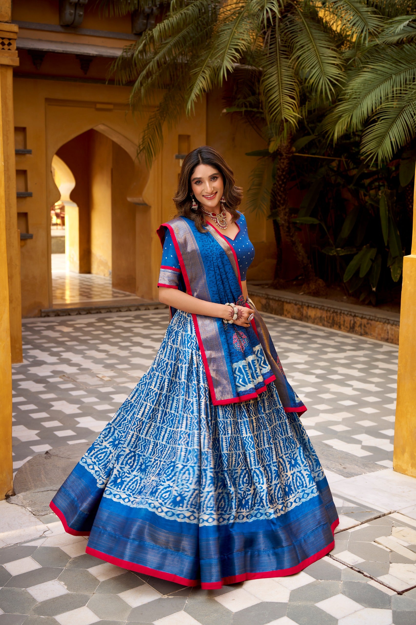 Traditional Dola Silk Lehenga with Batik Print SurMira Fashion