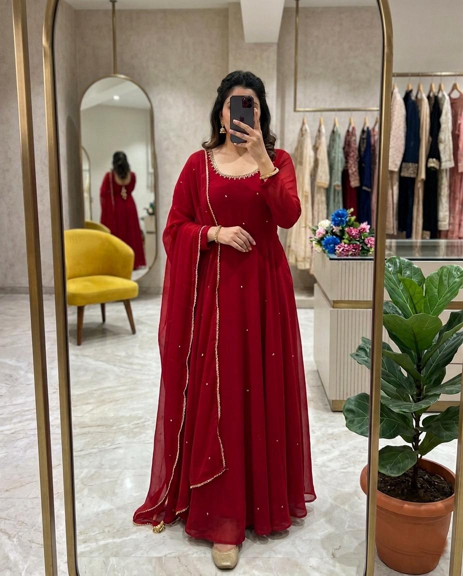 Women’s Fox Georgette Anarkali Suit Set with Handwork & Sequence Flair Dupatta SurMira Fashion