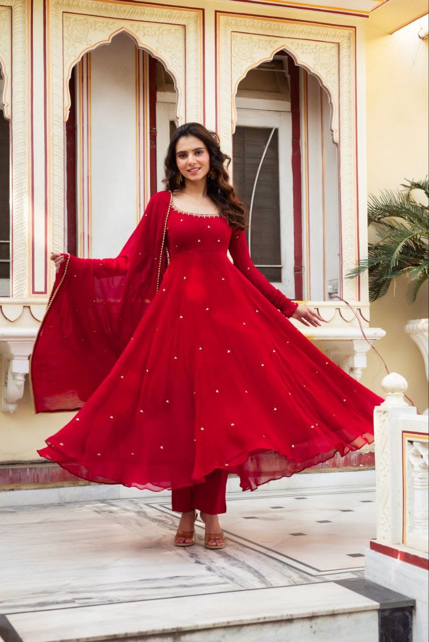 Women’s Fox Georgette Anarkali Suit Set with Handwork & Sequence Flair Dupatta SurMira Fashion