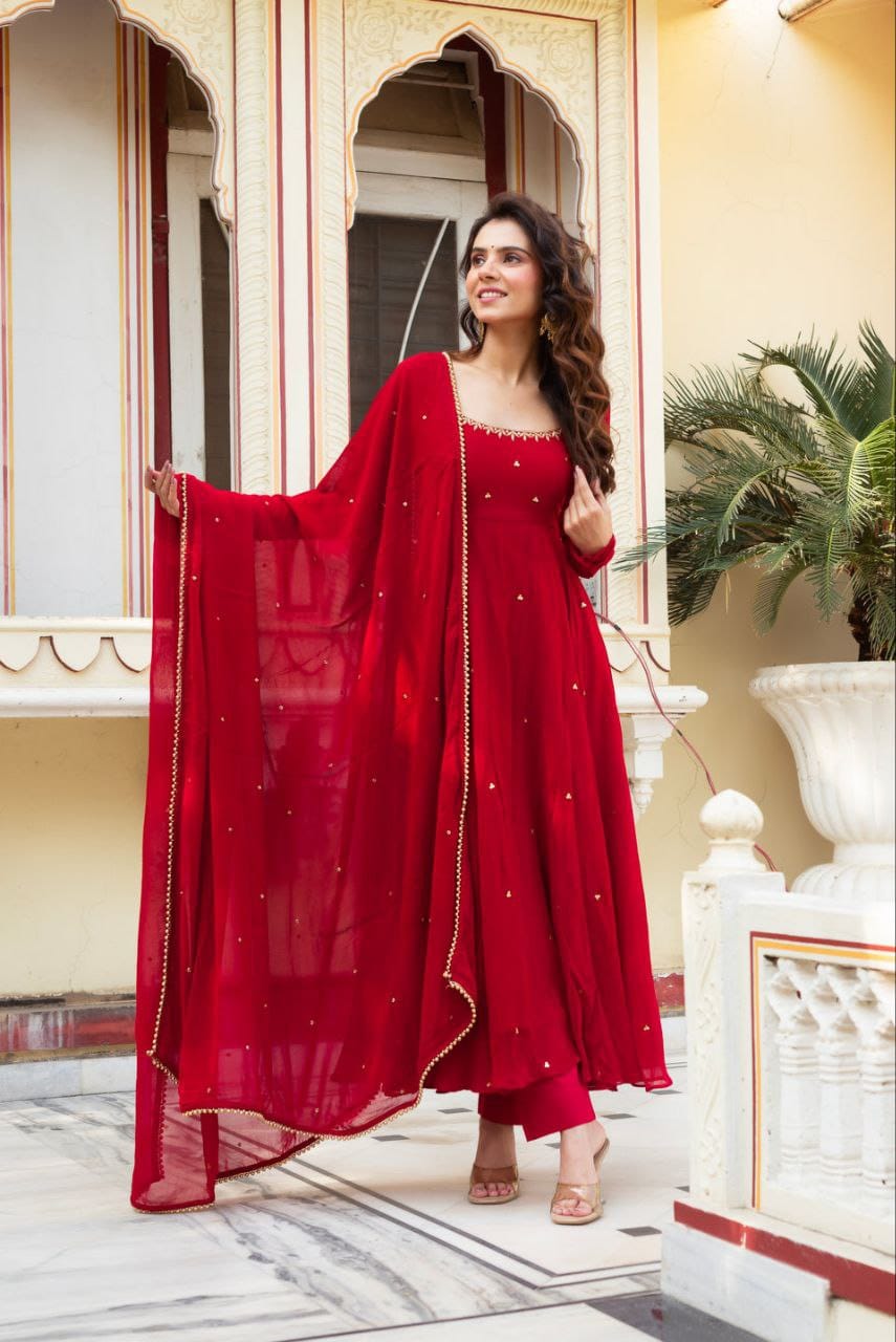 Women’s Fox Georgette Anarkali Suit Set with Handwork & Sequence Flair Dupatta SurMira Fashion