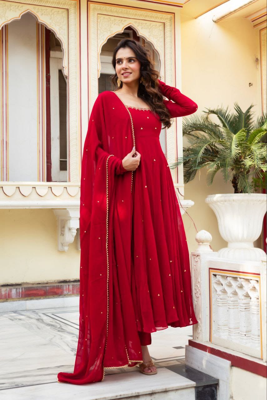 Women’s Fox Georgette Anarkali Suit Set with Handwork & Sequence Flair Dupatta SurMira Fashion