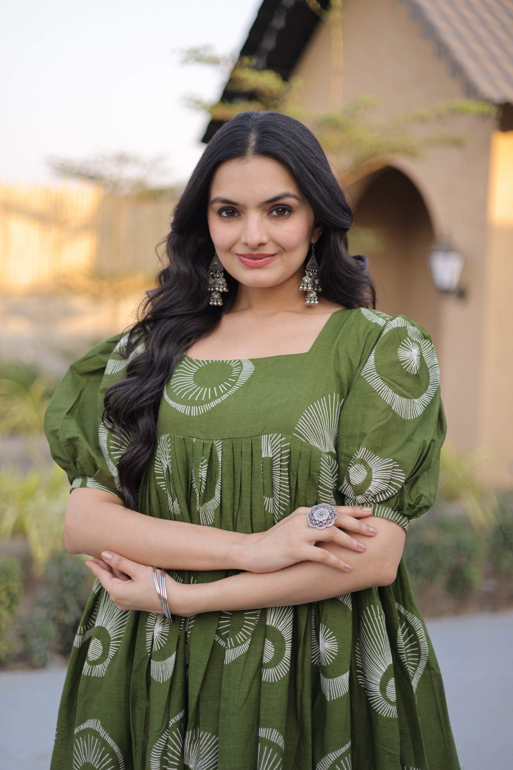 Women’s Printed Cotton Kurti with Puff Sleeves & Square Neck SurMira Fashion