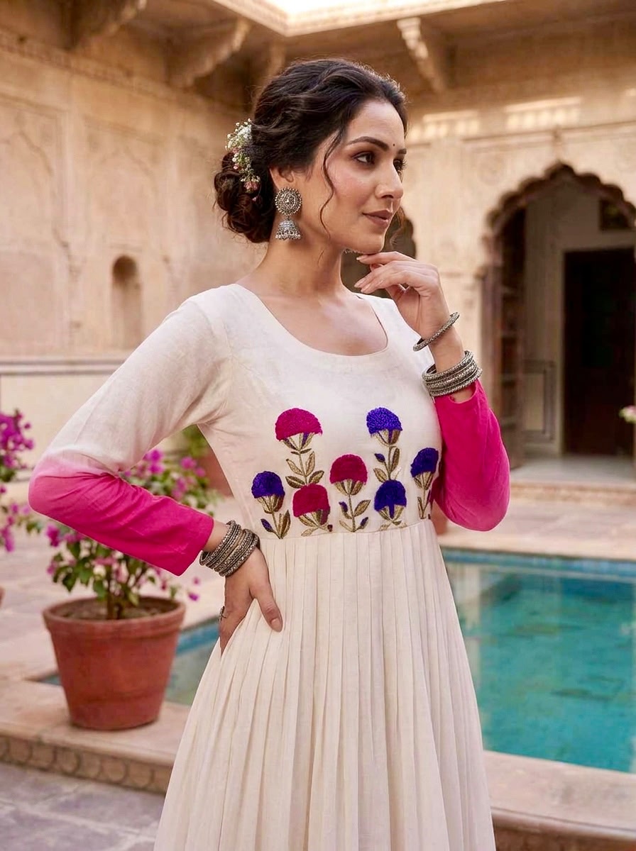 Women’s Star Georgette Gown with Embroidery Woolen Thread Work SurMira Fashion