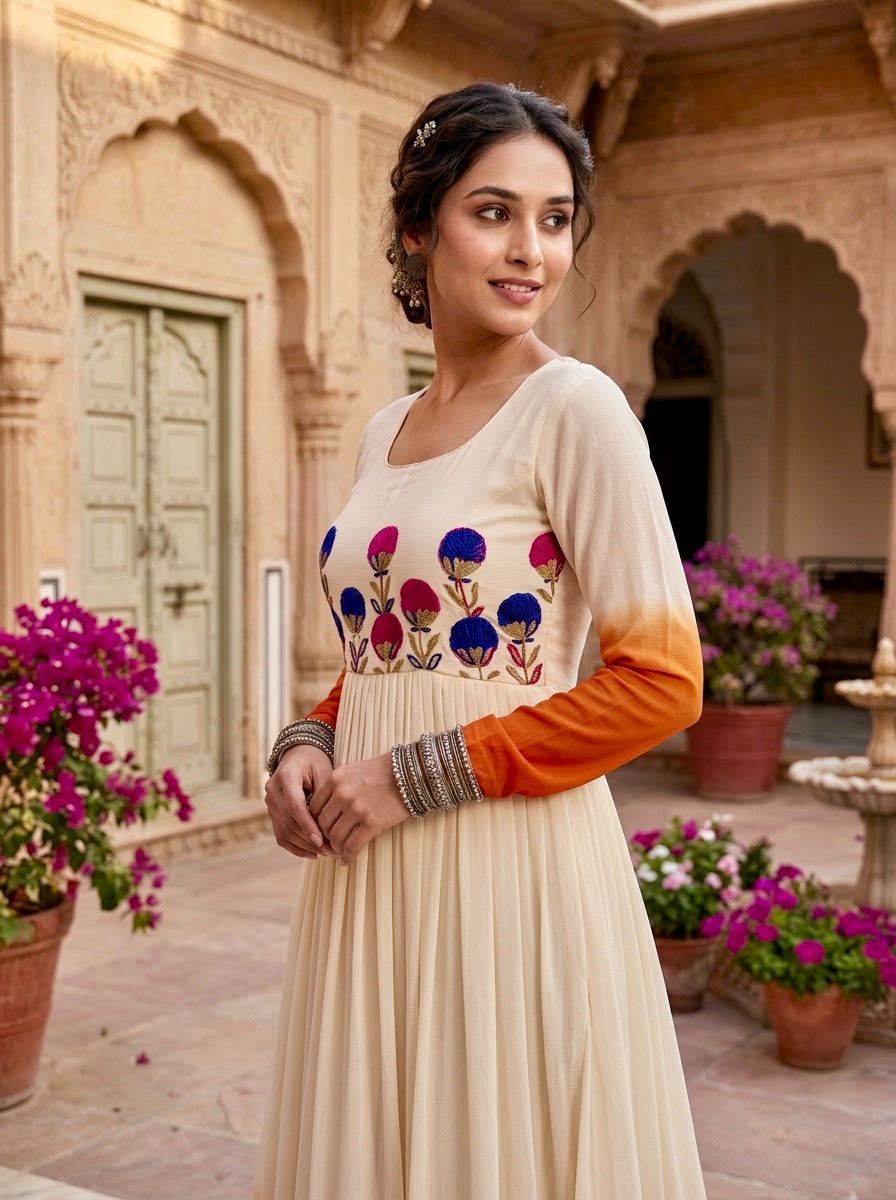 Women’s Star Georgette Gown with Embroidery Woolen Thread Work SurMira Fashion