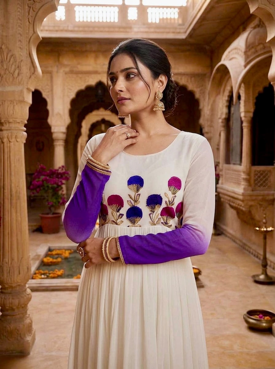 Women’s Star Georgette Gown with Embroidery Woolen Thread Work SurMira Fashion