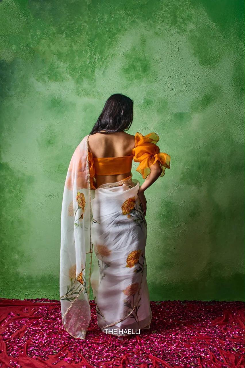 Women’s Soft Tabby Saree with Floral & Sparrow Print, Khatali Handwork & Cutdana Work SurMira Fashion