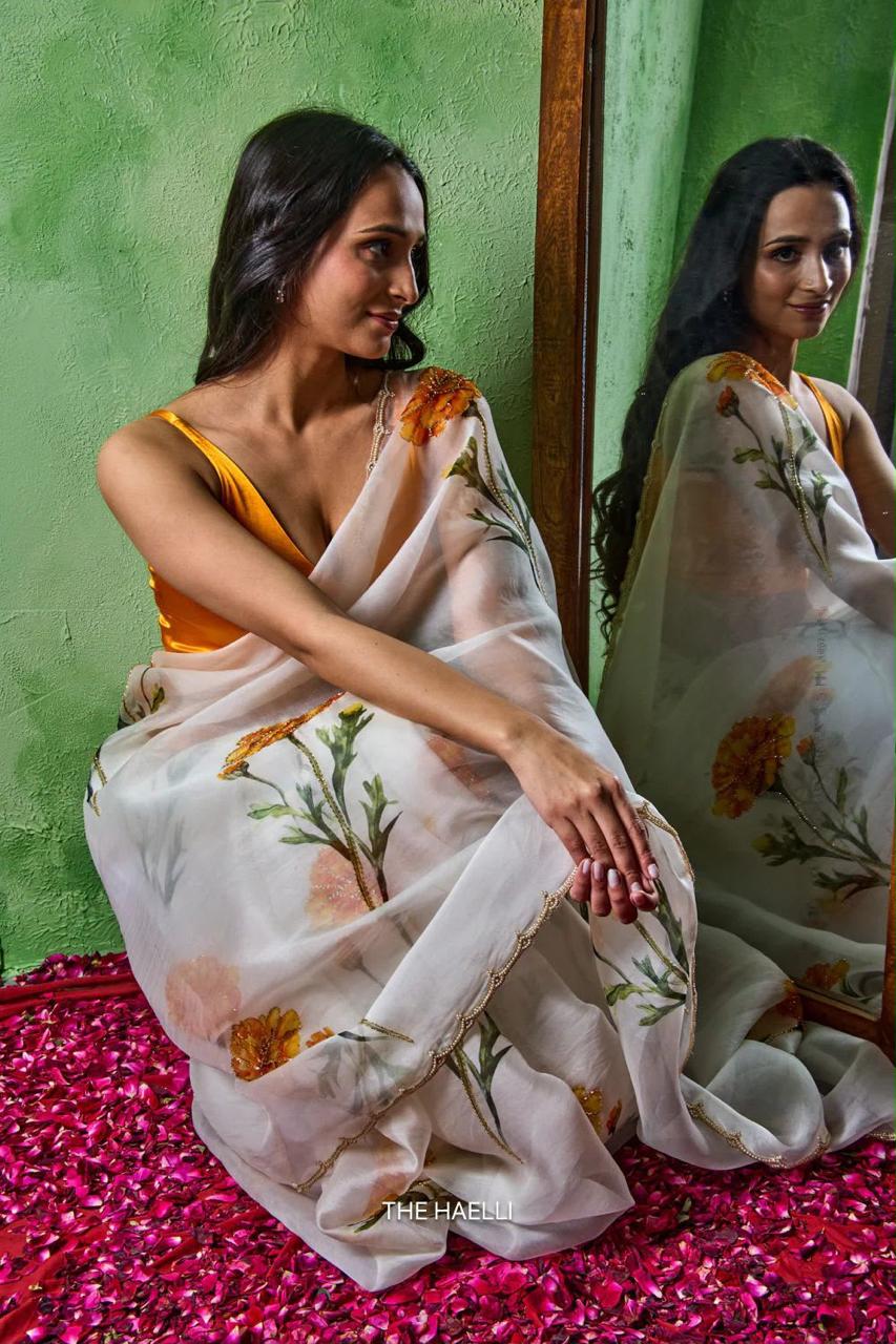 Women’s Soft Tabby Saree with Floral & Sparrow Print, Khatali Handwork & Cutdana Work SurMira Fashion