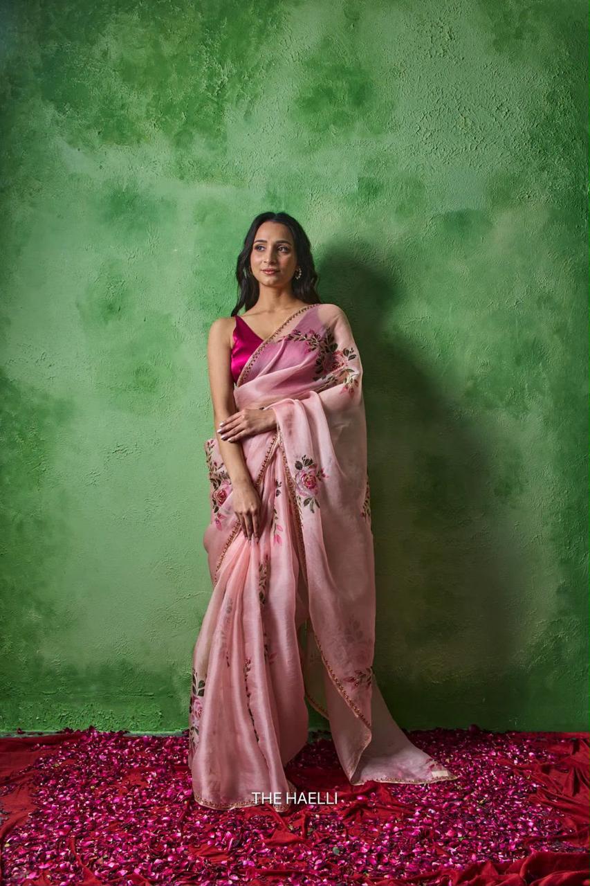 Women’s Soft Tabby Saree with Floral & Sparrow Print, Khatali Handwork & Cutdana Work SurMira Fashion