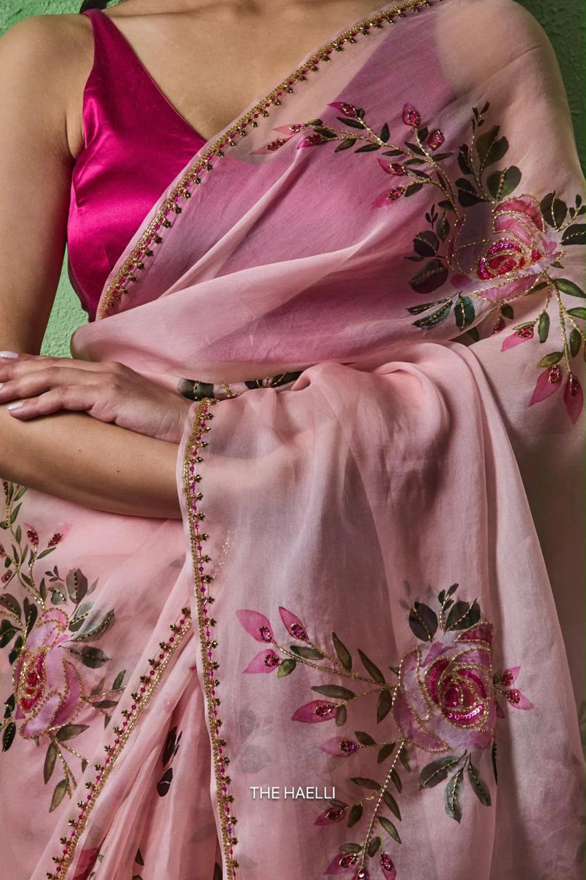 Women’s Soft Tabby Saree with Floral & Sparrow Print, Khatali Handwork & Cutdana Work SurMira Fashion
