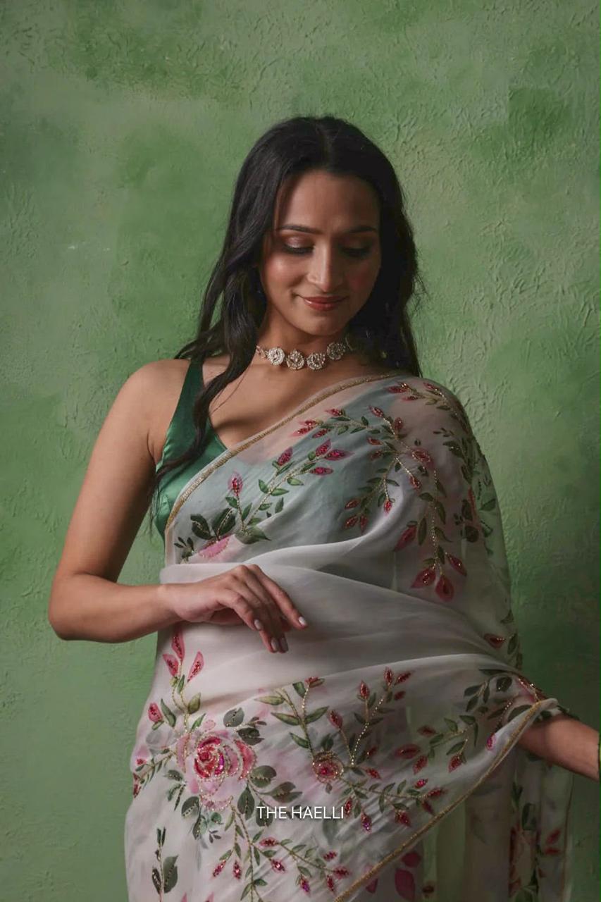 Women’s Soft Tabby Saree with Floral & Sparrow Print, Khatali Handwork & Cutdana Work SurMira Fashion