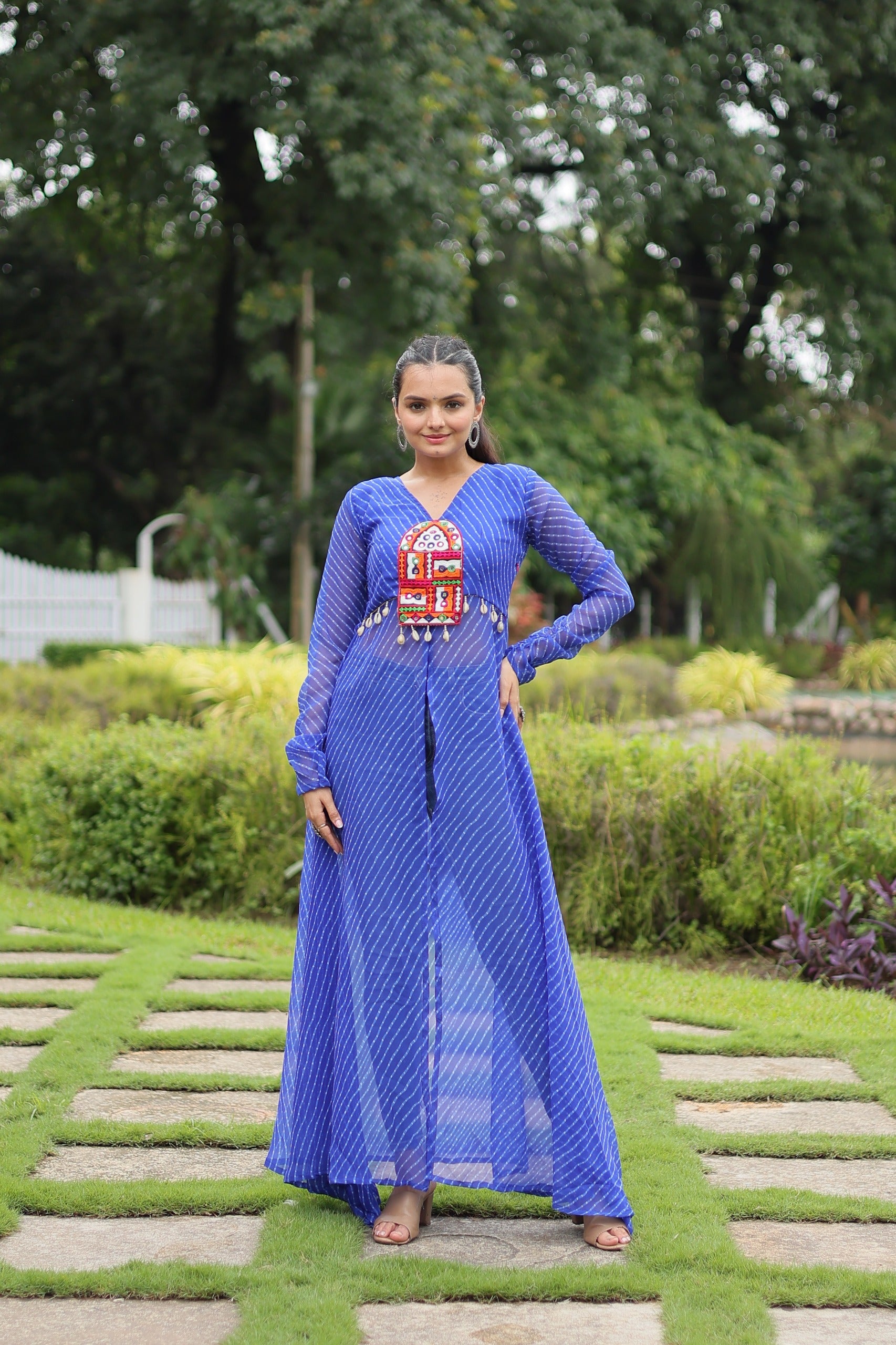 Women’s Faux Georgette Leheriya Print Kurti with Kutchi Patchwork SurMira Fashion