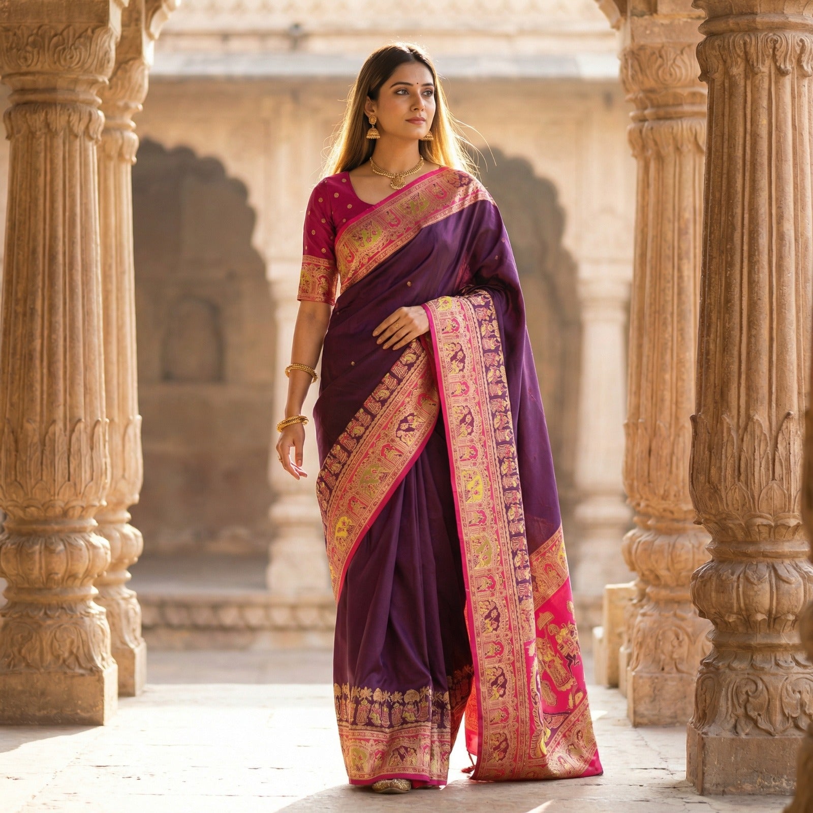 Women’s Pashmina Paithani Silk Saree with Multicolor Paisley Border & Contrast Blouse SurMira Fashion