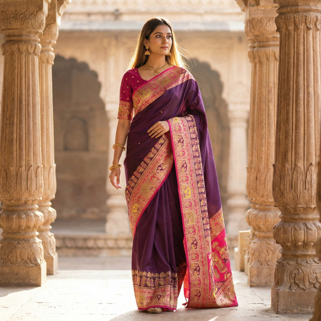 Women’s Pashmina Paithani Silk Saree with Multicolor Paisley Border & Contrast Blouse SurMira Fashion