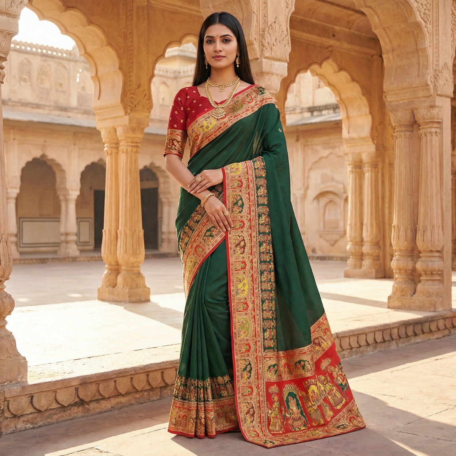 Women’s Pashmina Paithani Silk Saree with Multicolor Paisley Border & Contrast Blouse SurMira Fashion