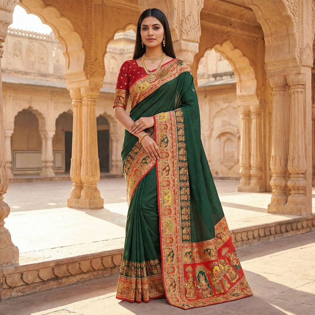Women’s Pashmina Paithani Silk Saree with Multicolor Paisley Border & Contrast Blouse SurMira Fashion