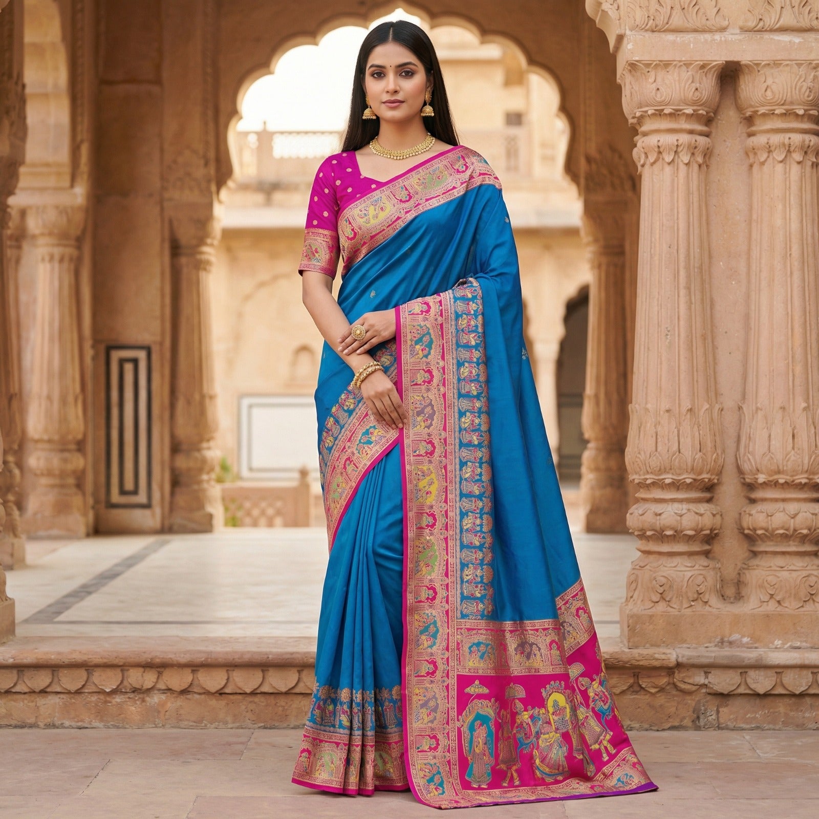 Women’s Pashmina Paithani Silk Saree with Multicolor Paisley Border & Contrast Blouse SurMira Fashion