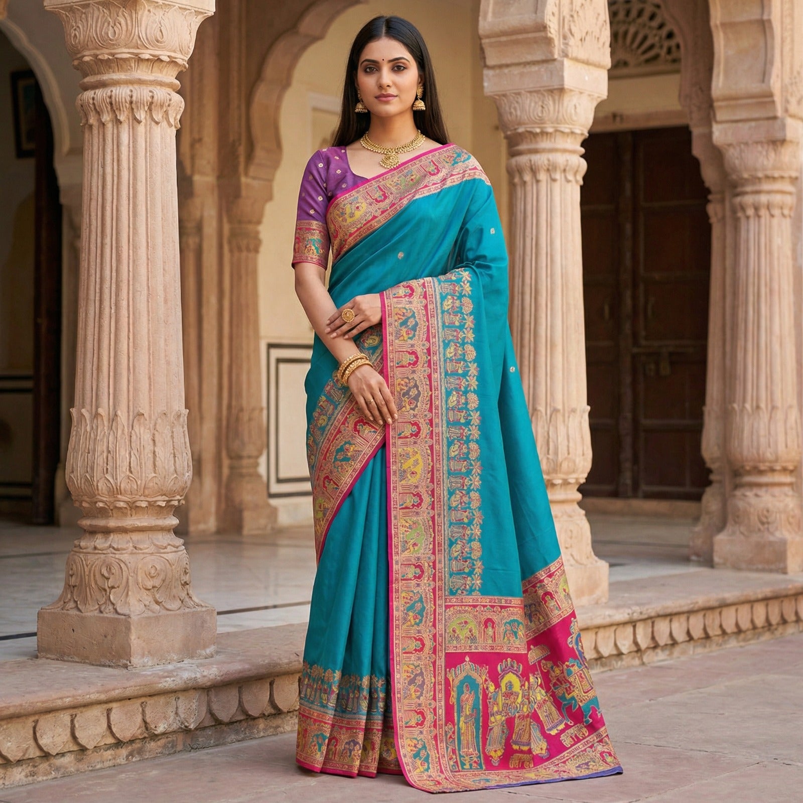 Women’s Pashmina Paithani Silk Saree with Multicolor Paisley Border & Contrast Blouse SurMira Fashion