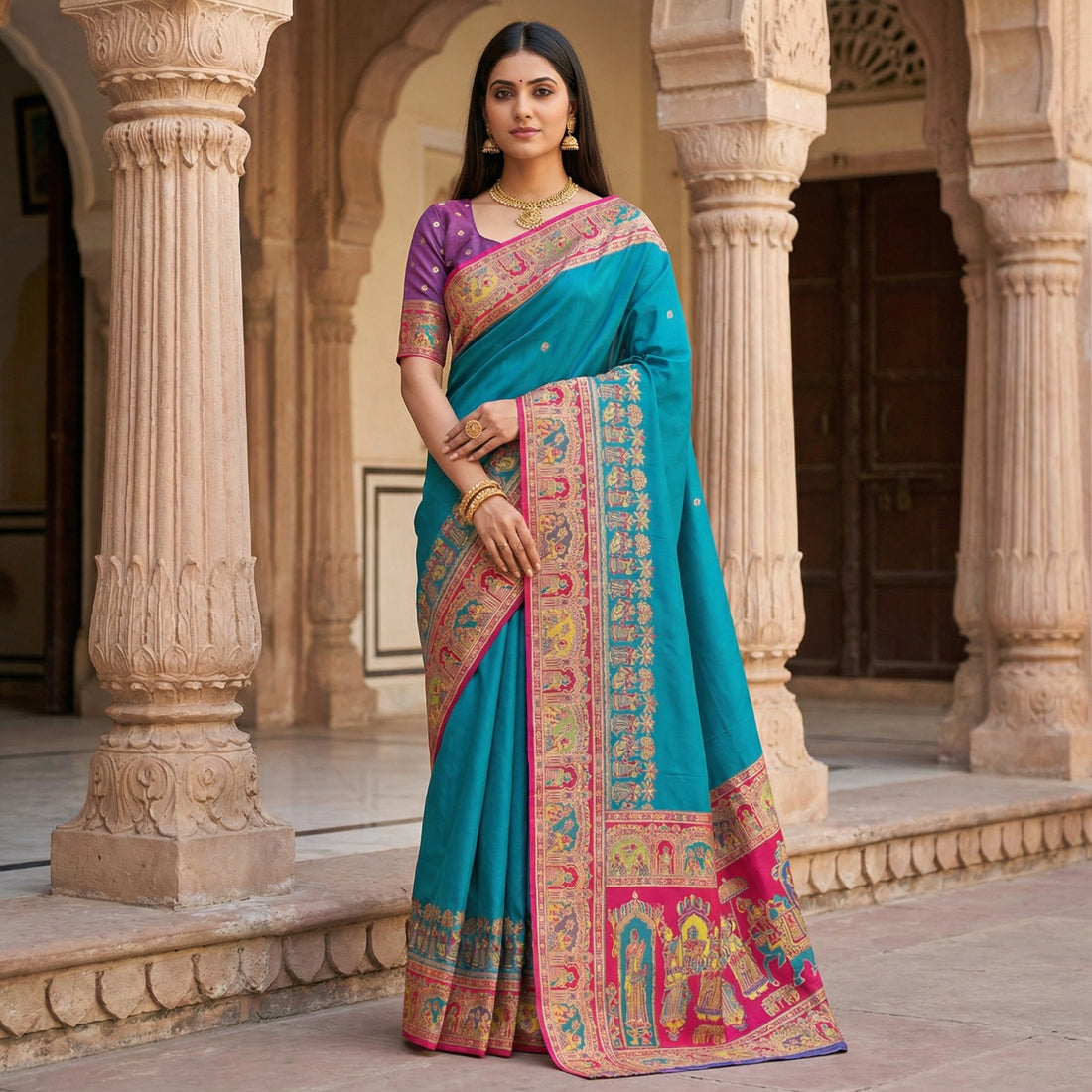 Women’s Pashmina Paithani Silk Saree with Multicolor Paisley Border & Contrast Blouse SurMira Fashion