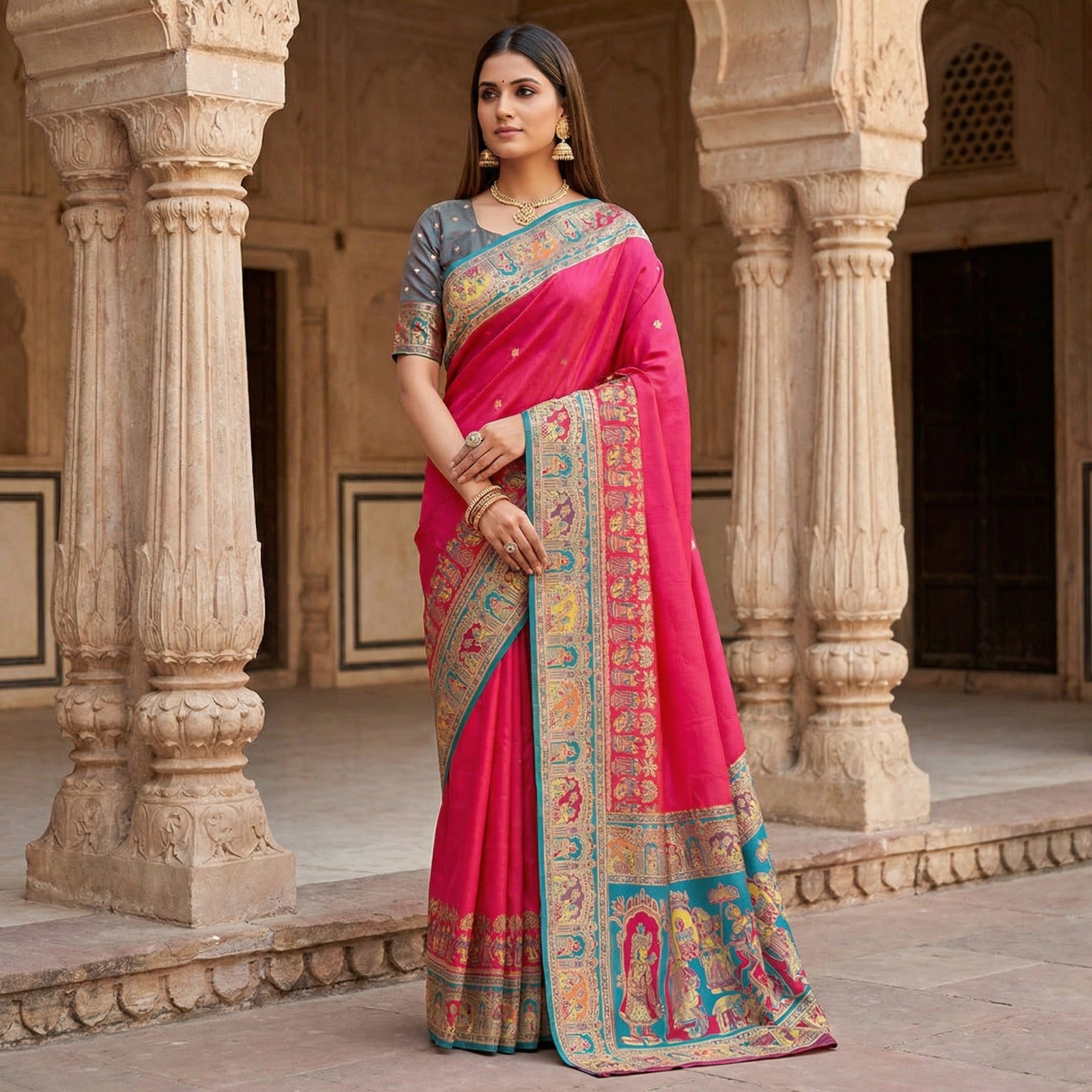 Women’s Pashmina Paithani Silk Saree with Multicolor Paisley Border & Contrast Blouse SurMira Fashion