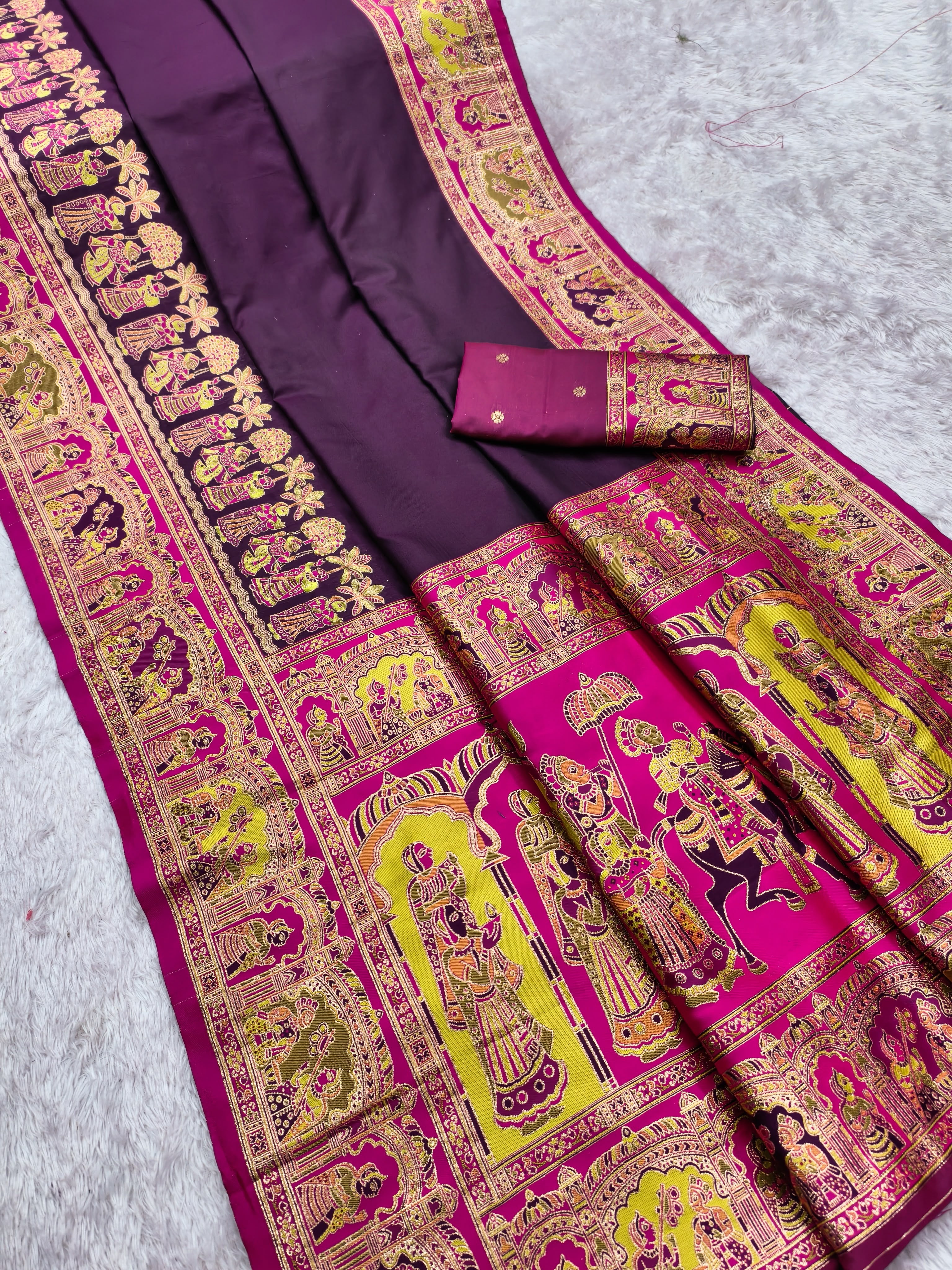 Women’s Pashmina Paithani Silk Saree with Multicolor Paisley Border & Contrast Blouse SurMira Fashion