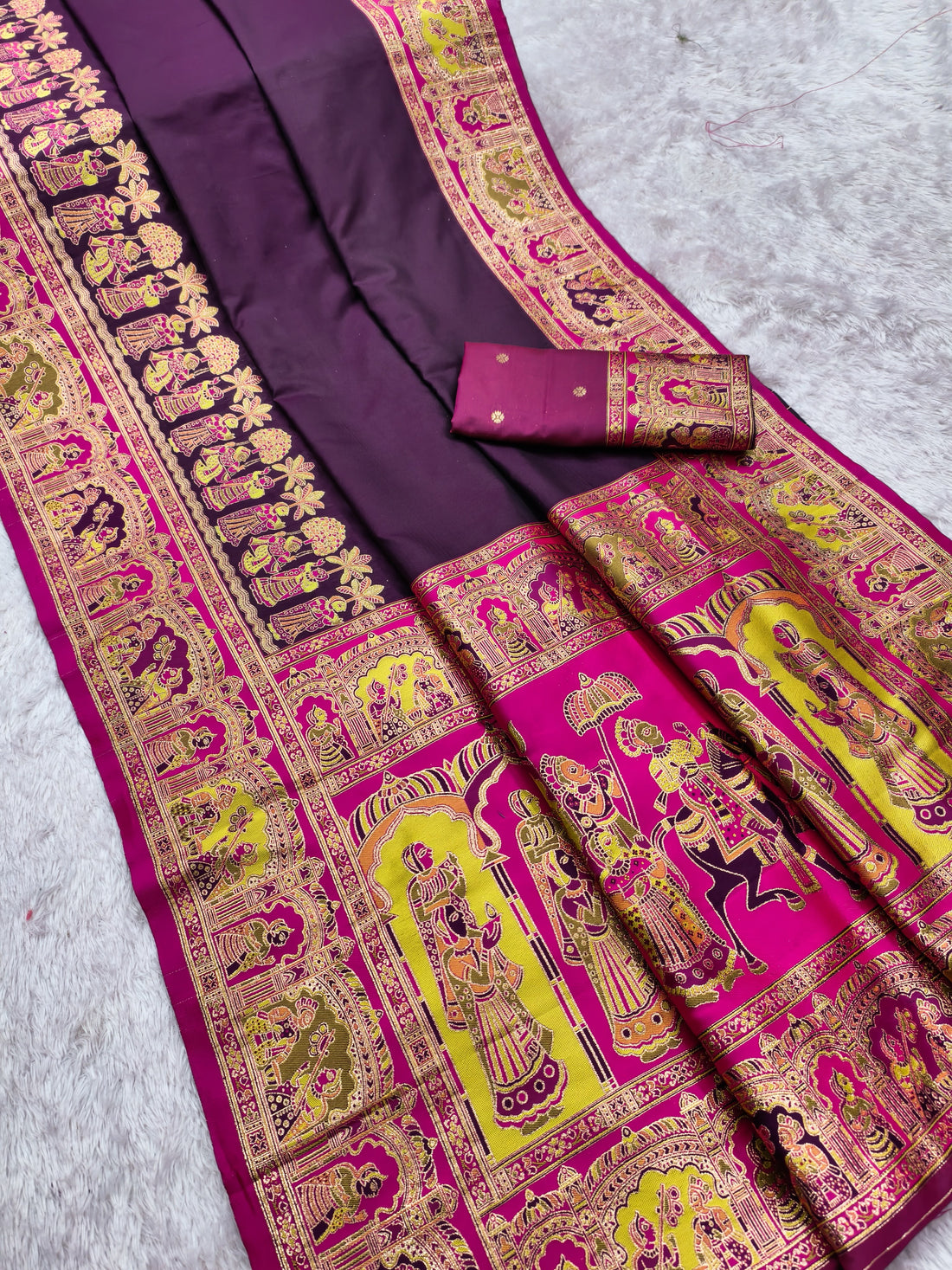 Women’s Pashmina Paithani Silk Saree with Multicolor Paisley Border & Contrast Blouse SurMira Fashion