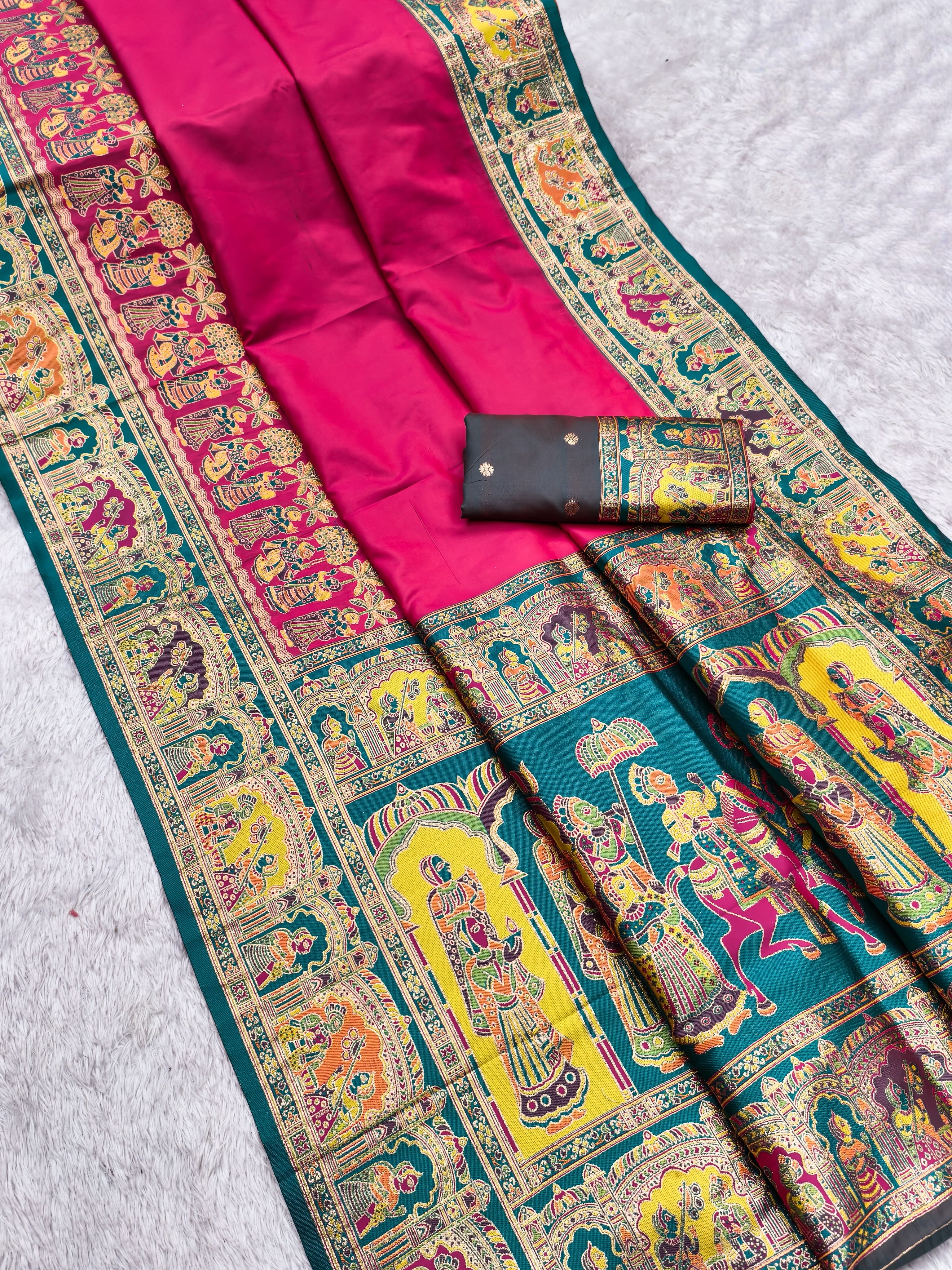 Women’s Pashmina Paithani Silk Saree with Multicolor Paisley Border & Contrast Blouse SurMira Fashion