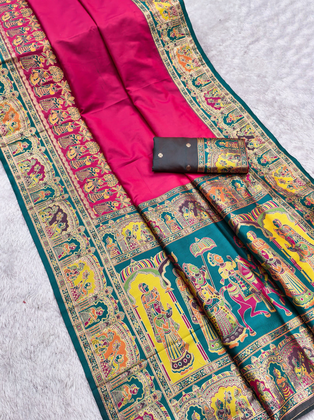 Women’s Pashmina Paithani Silk Saree with Multicolor Paisley Border & Contrast Blouse SurMira Fashion