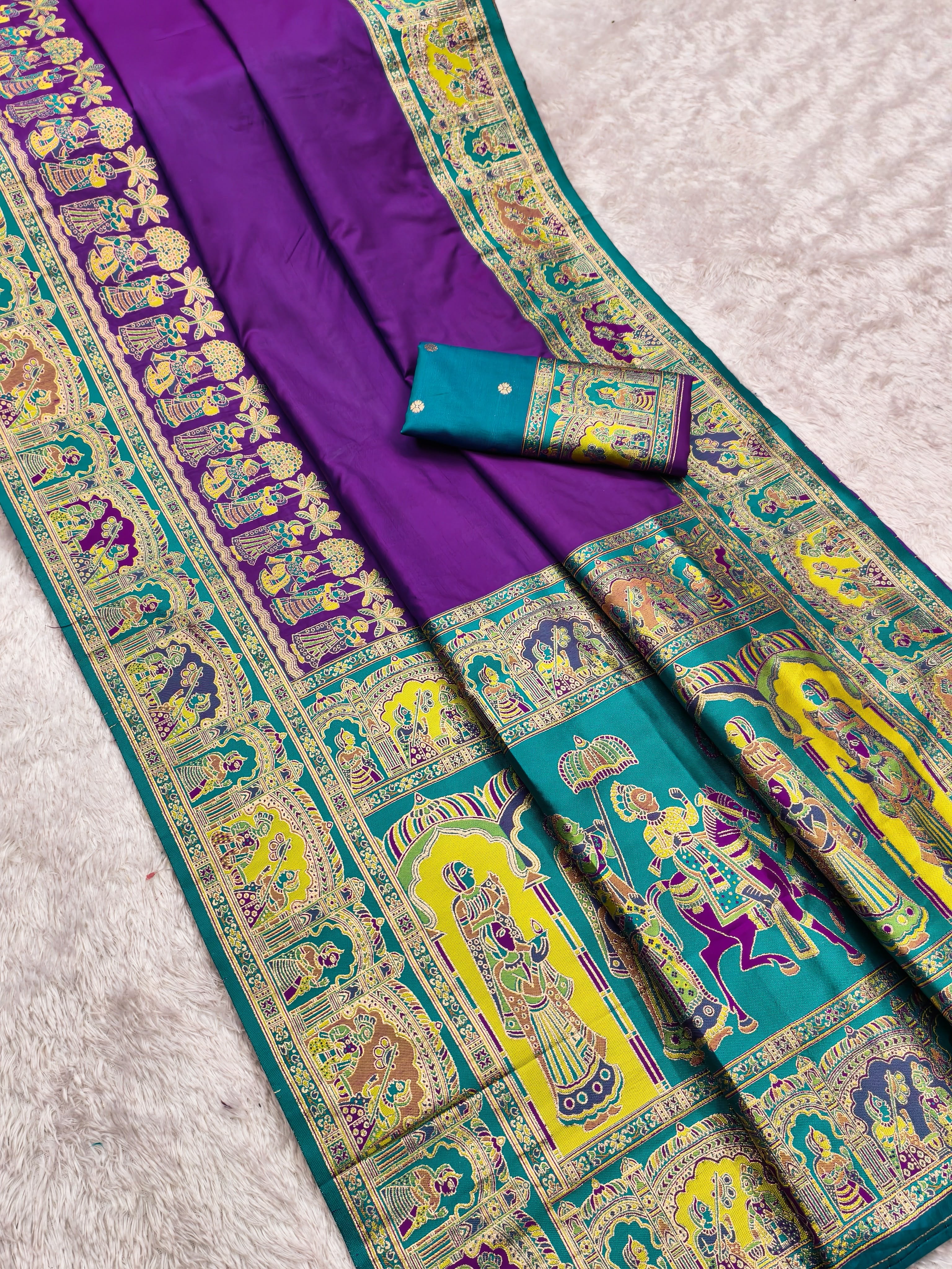 Women’s Pashmina Paithani Silk Saree with Multicolor Paisley Border & Contrast Blouse SurMira Fashion