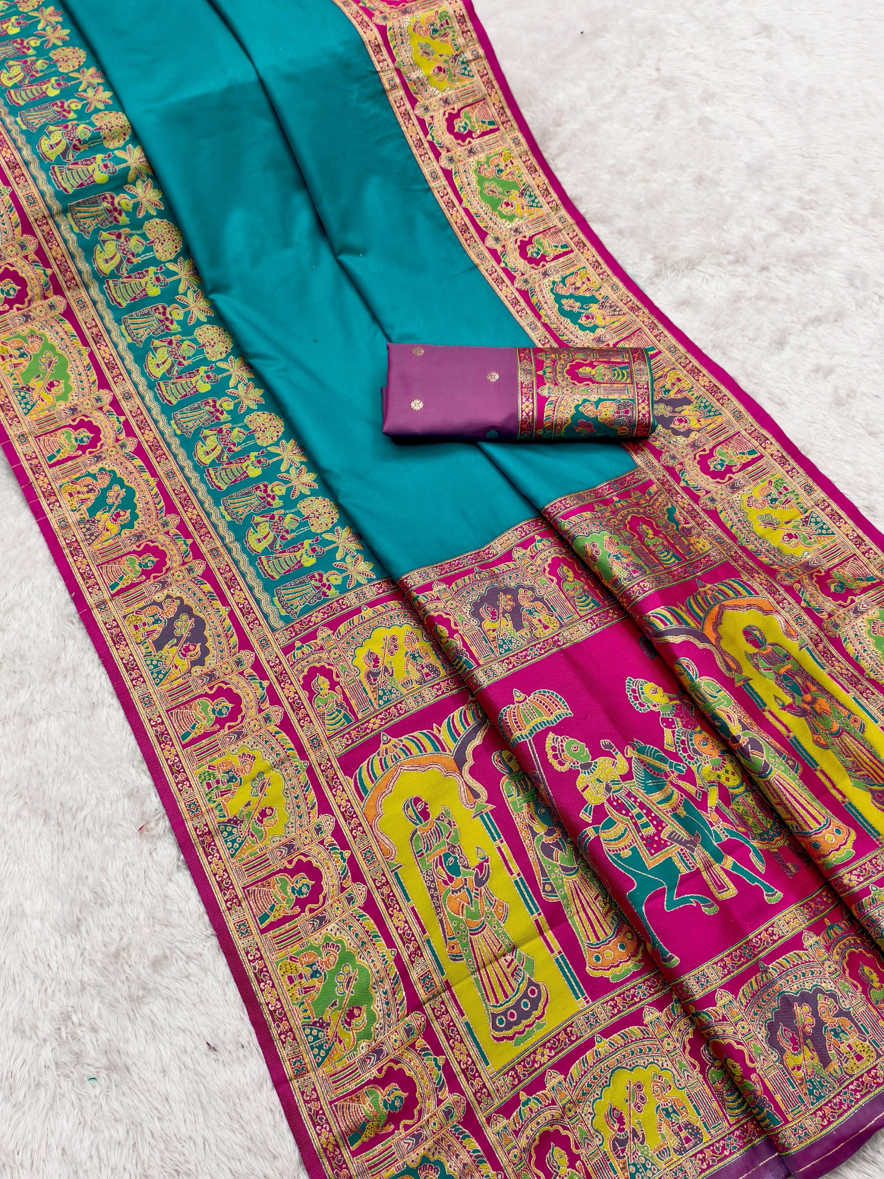 Women’s Pashmina Paithani Silk Saree with Multicolor Paisley Border & Contrast Blouse SurMira Fashion
