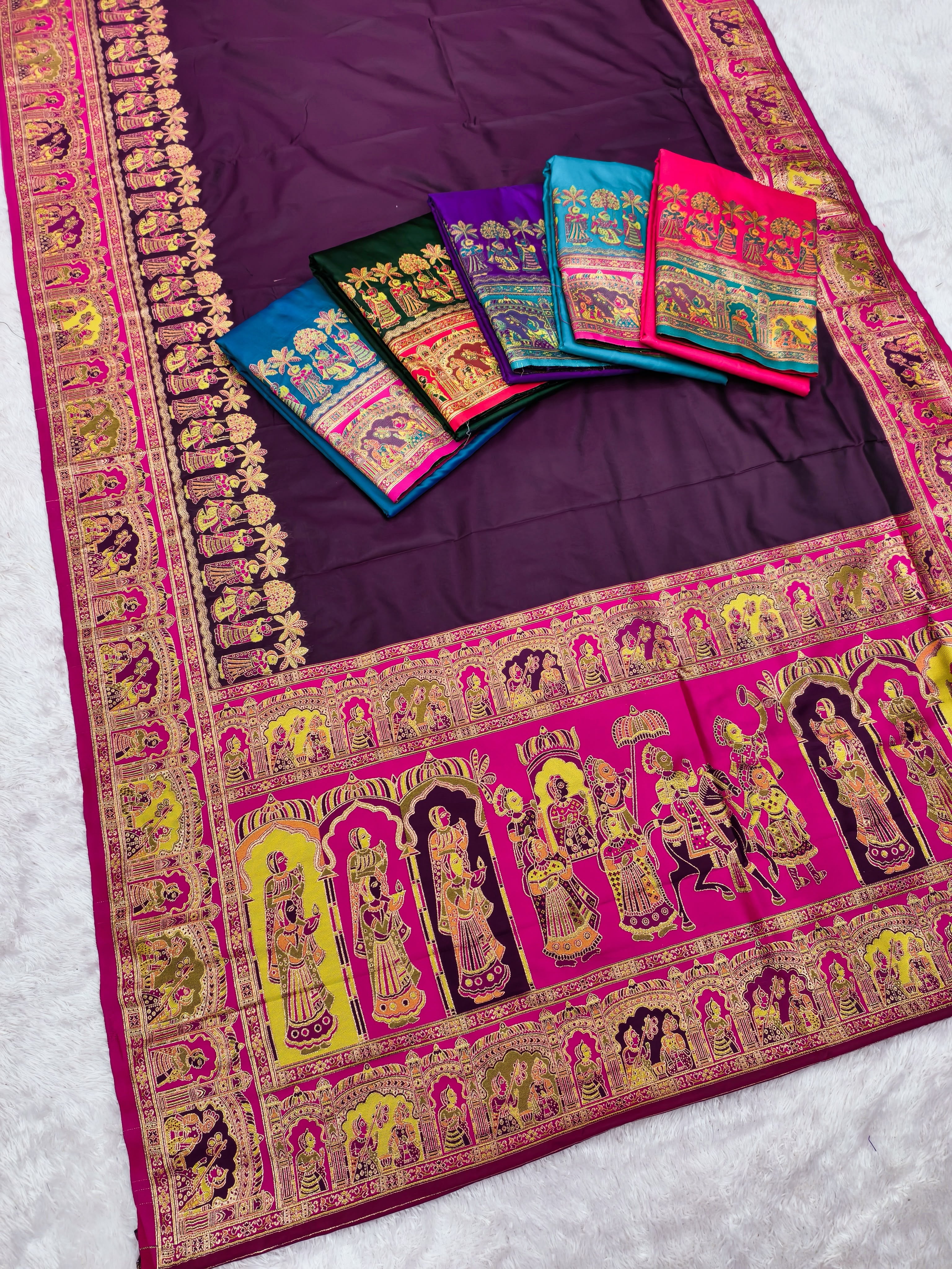 Women’s Pashmina Paithani Silk Saree with Multicolor Paisley Border & Contrast Blouse SurMira Fashion