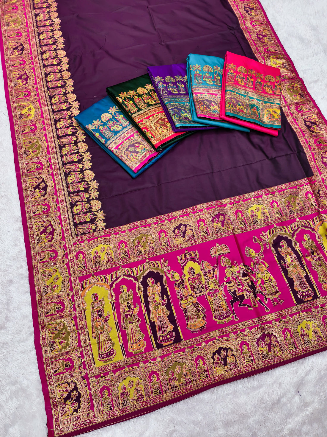 Women’s Pashmina Paithani Silk Saree with Multicolor Paisley Border & Contrast Blouse SurMira Fashion
