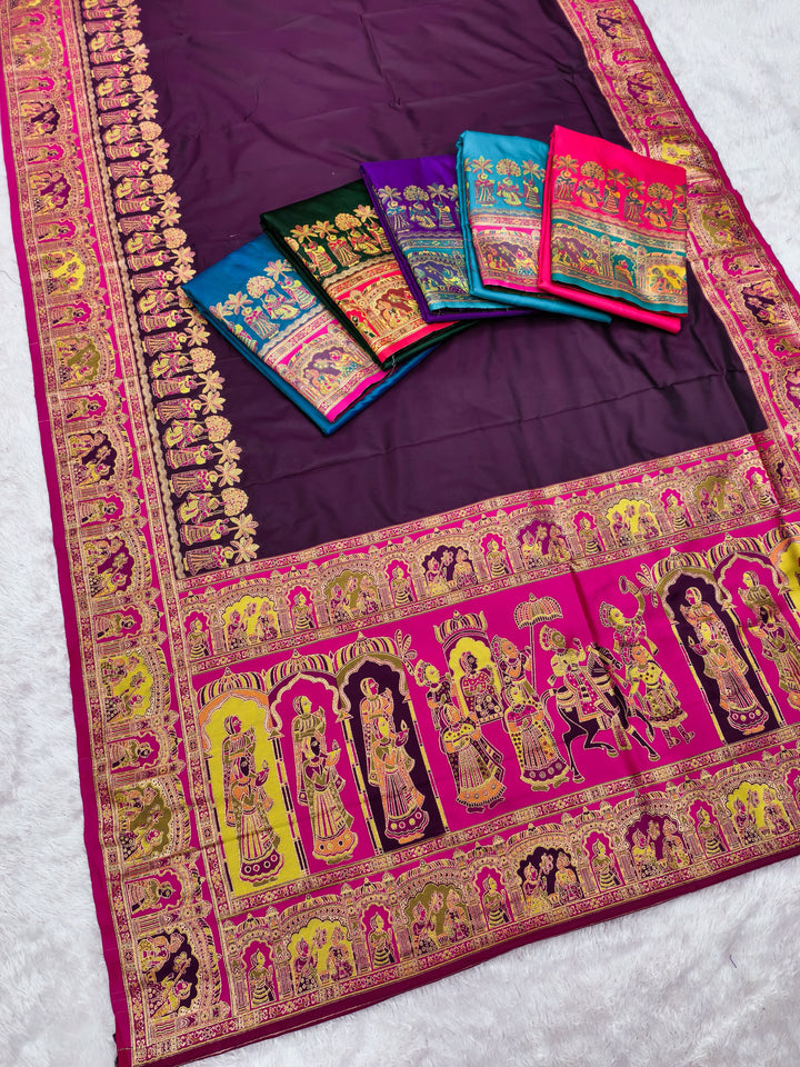 Women’s Pashmina Paithani Silk Saree with Multicolor Paisley Border & Contrast Blouse SurMira Fashion