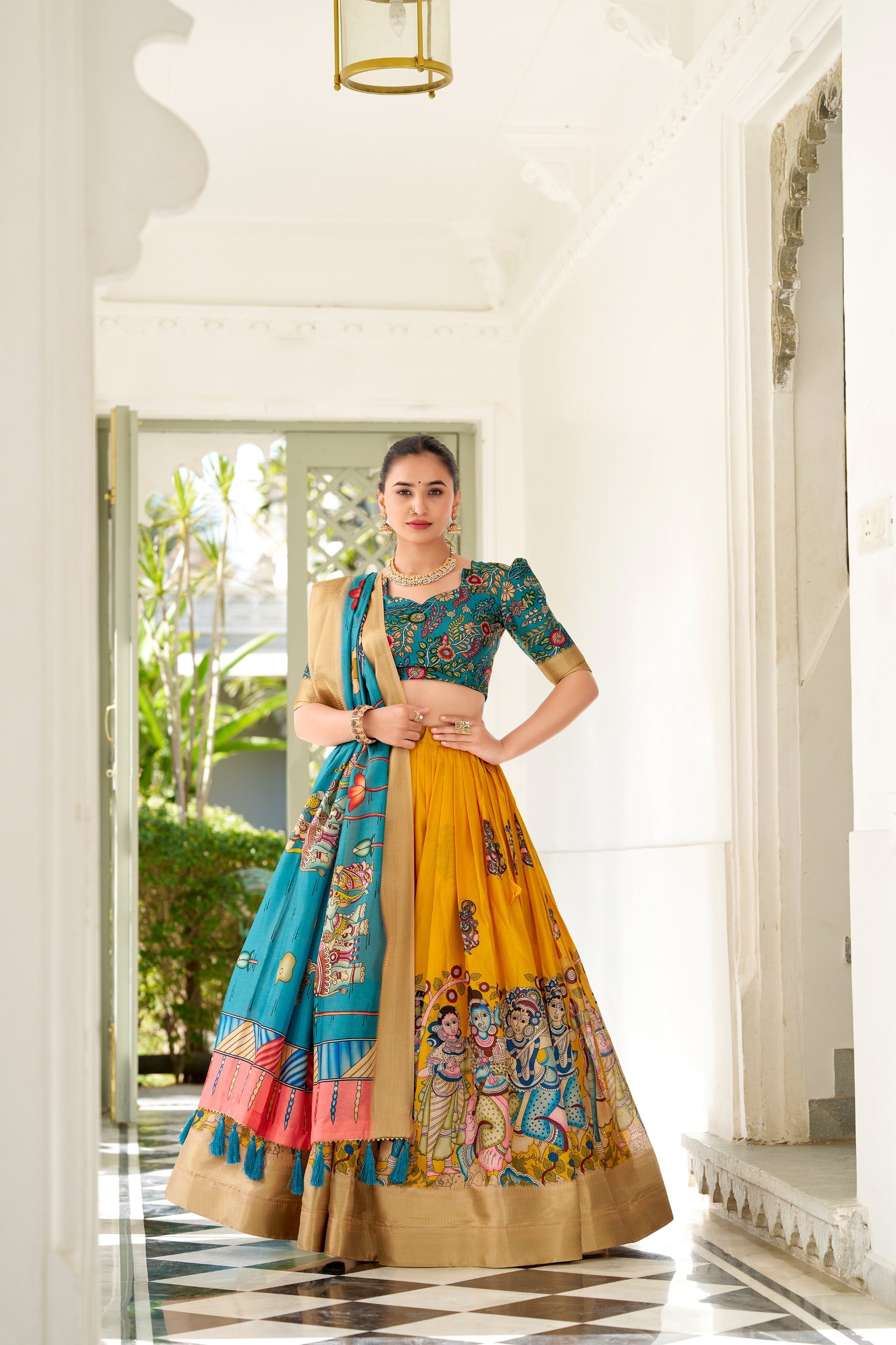 Women’s Dola Silk Kalamkari Print Lehenga Choli Set with Weaving Border SurMira Fashion