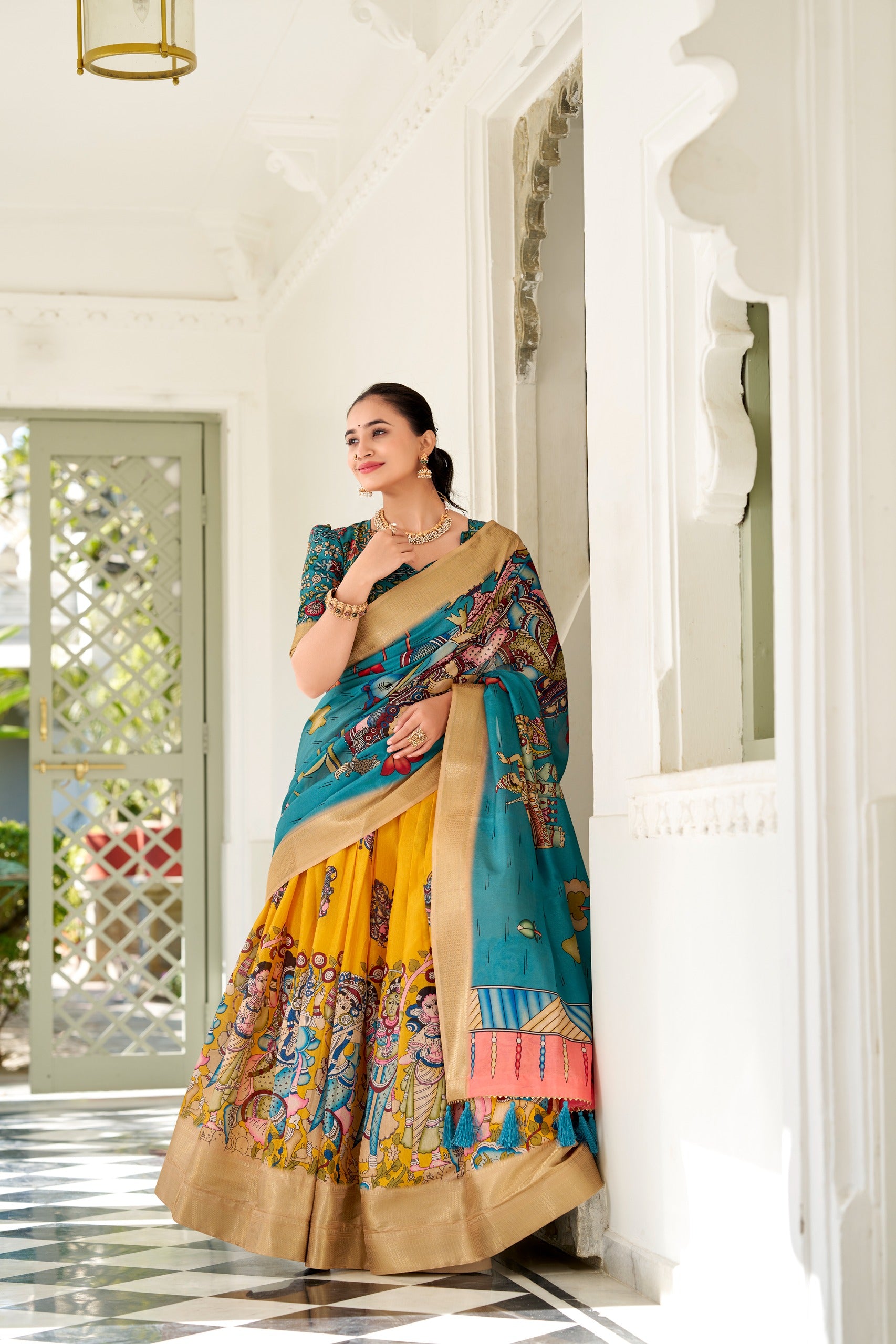 Women’s Dola Silk Kalamkari Print Lehenga Choli Set with Weaving Border SurMira Fashion
