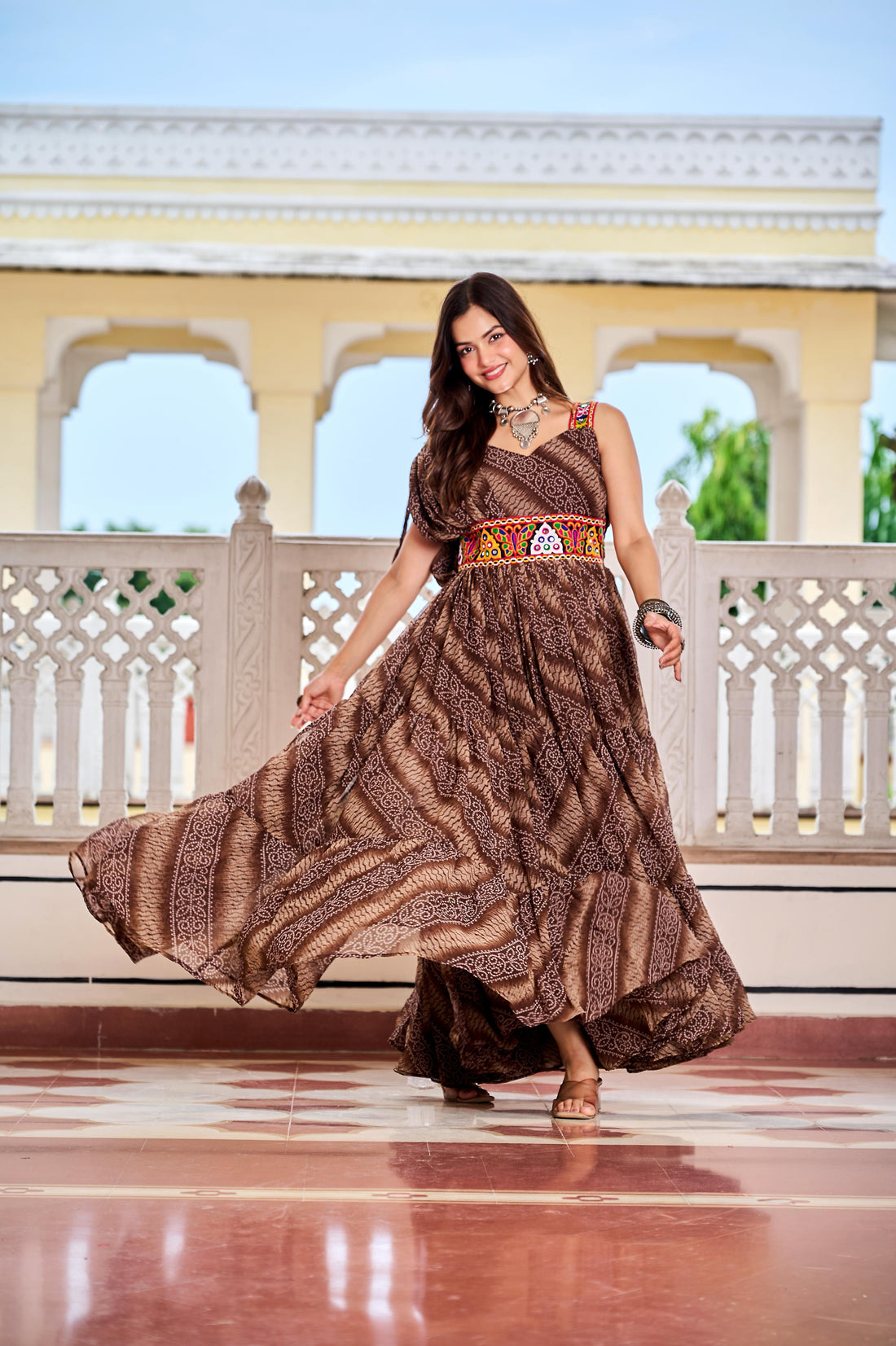 Women’s Bandhani Print Faux Georgette Gown with Gamathi Work & Real Mirror SurMira Fashion
