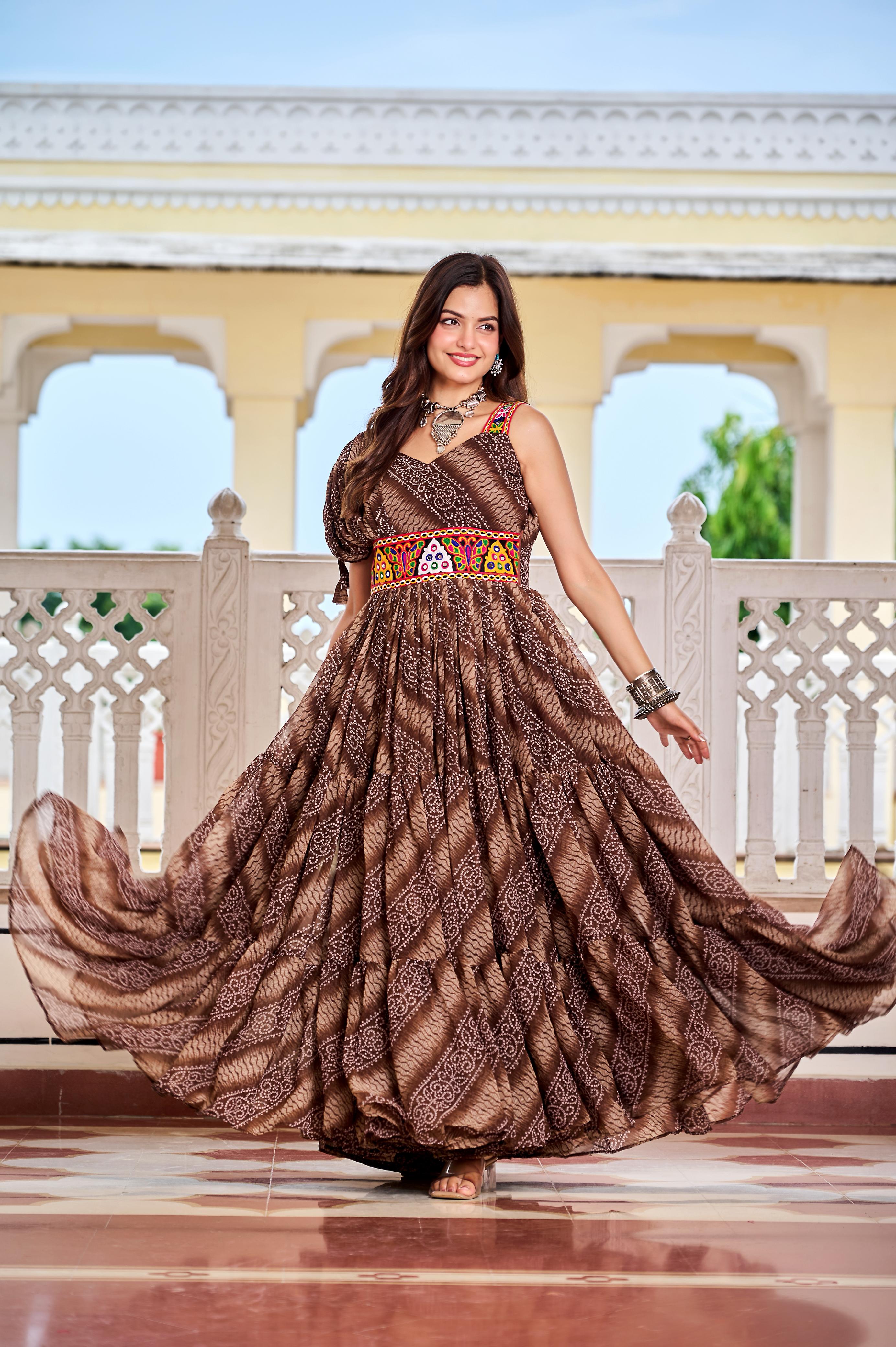 Women’s Bandhani Print Faux Georgette Gown with Gamathi Work & Real Mirror SurMira Fashion