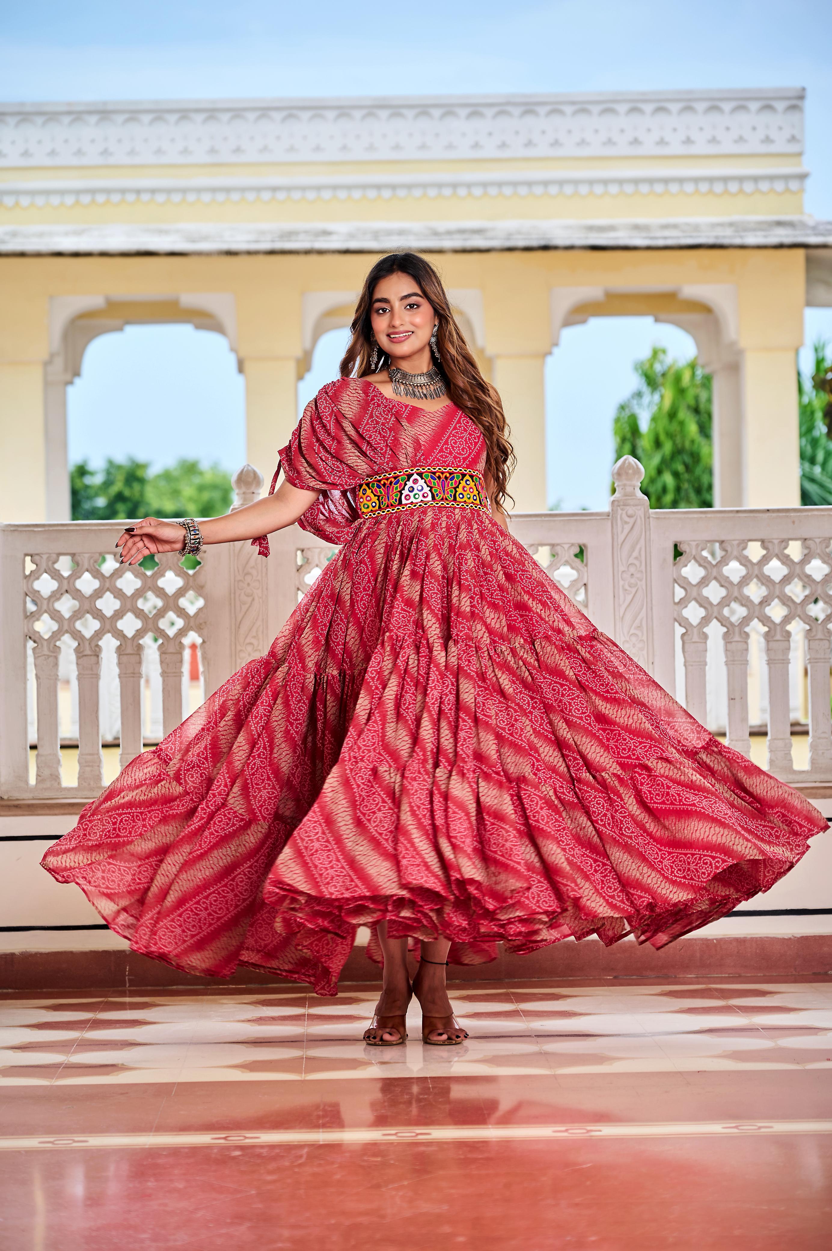 Women’s Bandhani Print Faux Georgette Gown with Gamathi Work & Real Mirror SurMira Fashion