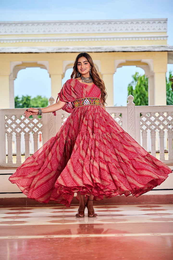Women’s Bandhani Print Faux Georgette Gown with Gamathi Work & Real Mirror SurMira Fashion