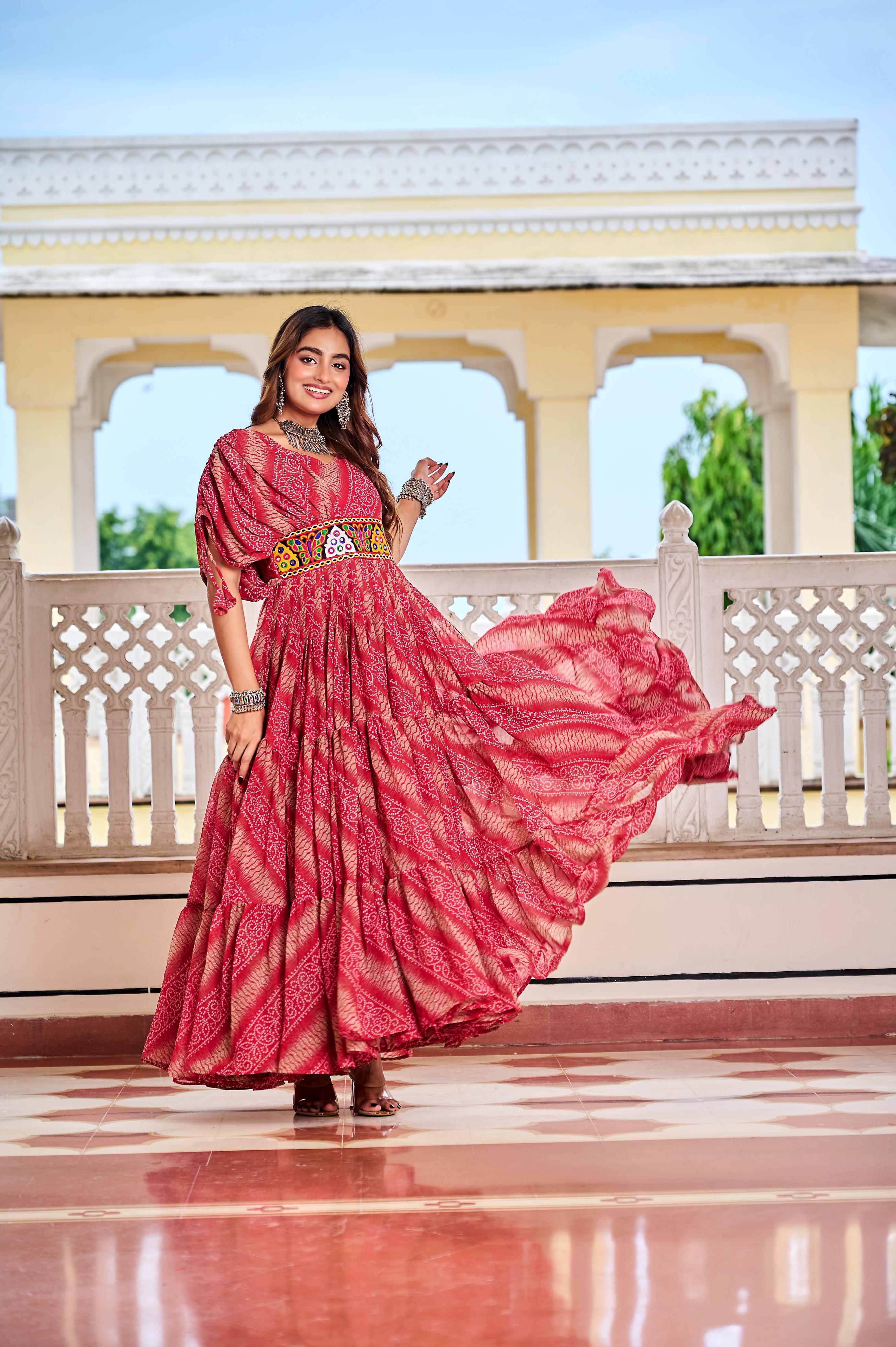 Women’s Bandhani Print Faux Georgette Gown with Gamathi Work & Real Mirror SurMira Fashion