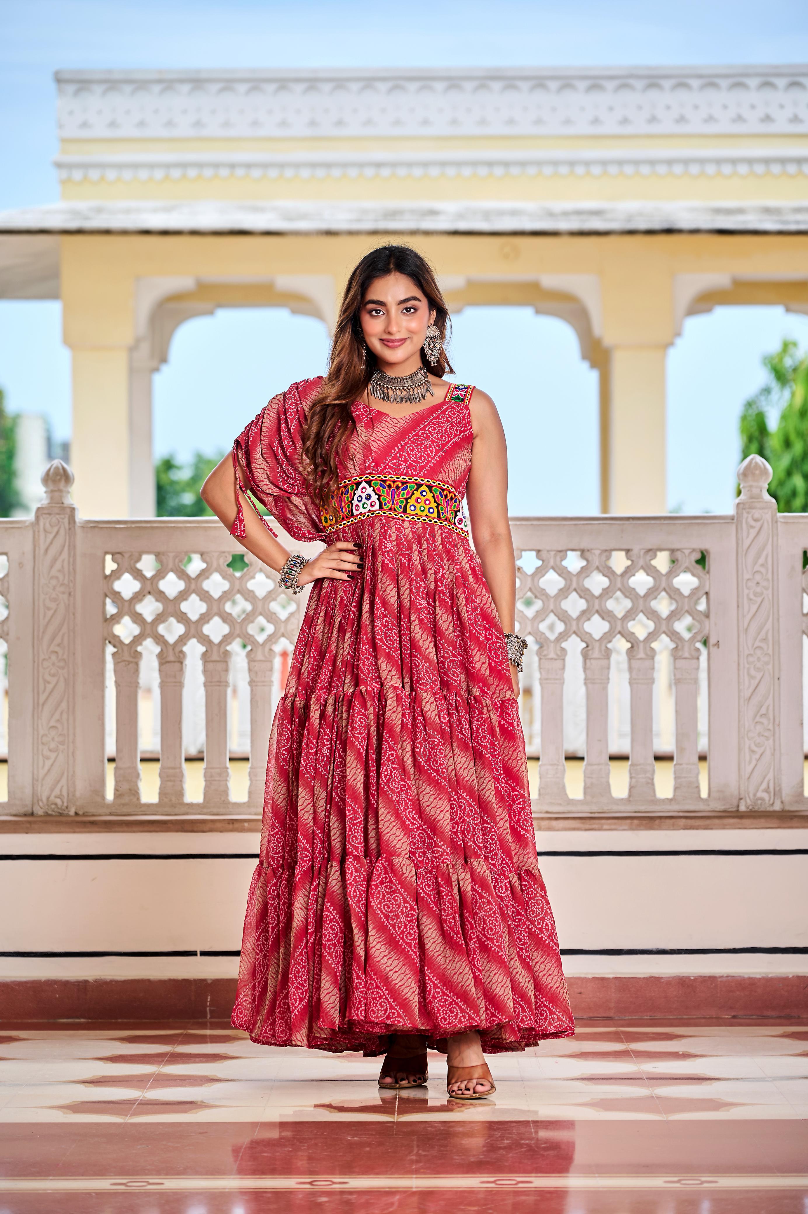 Women’s Bandhani Print Faux Georgette Gown with Gamathi Work & Real Mirror SurMira Fashion