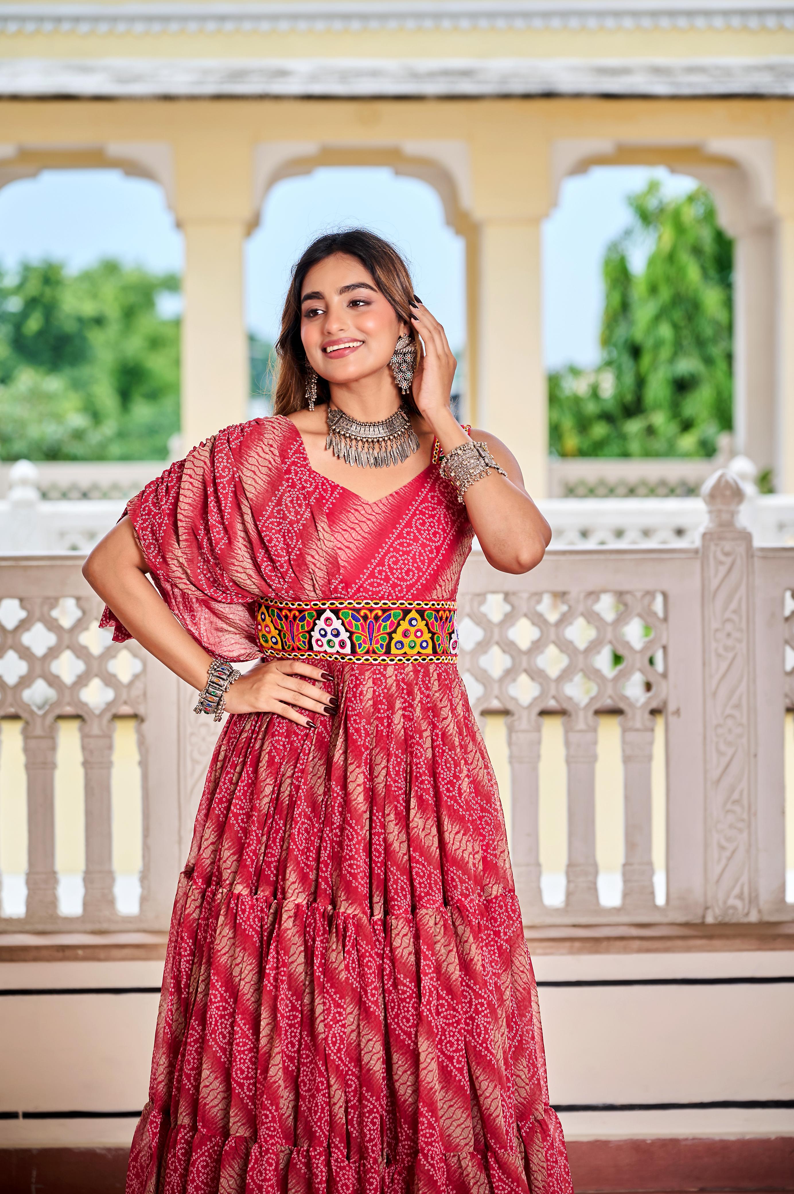 Women’s Bandhani Print Faux Georgette Gown with Gamathi Work & Real Mirror SurMira Fashion